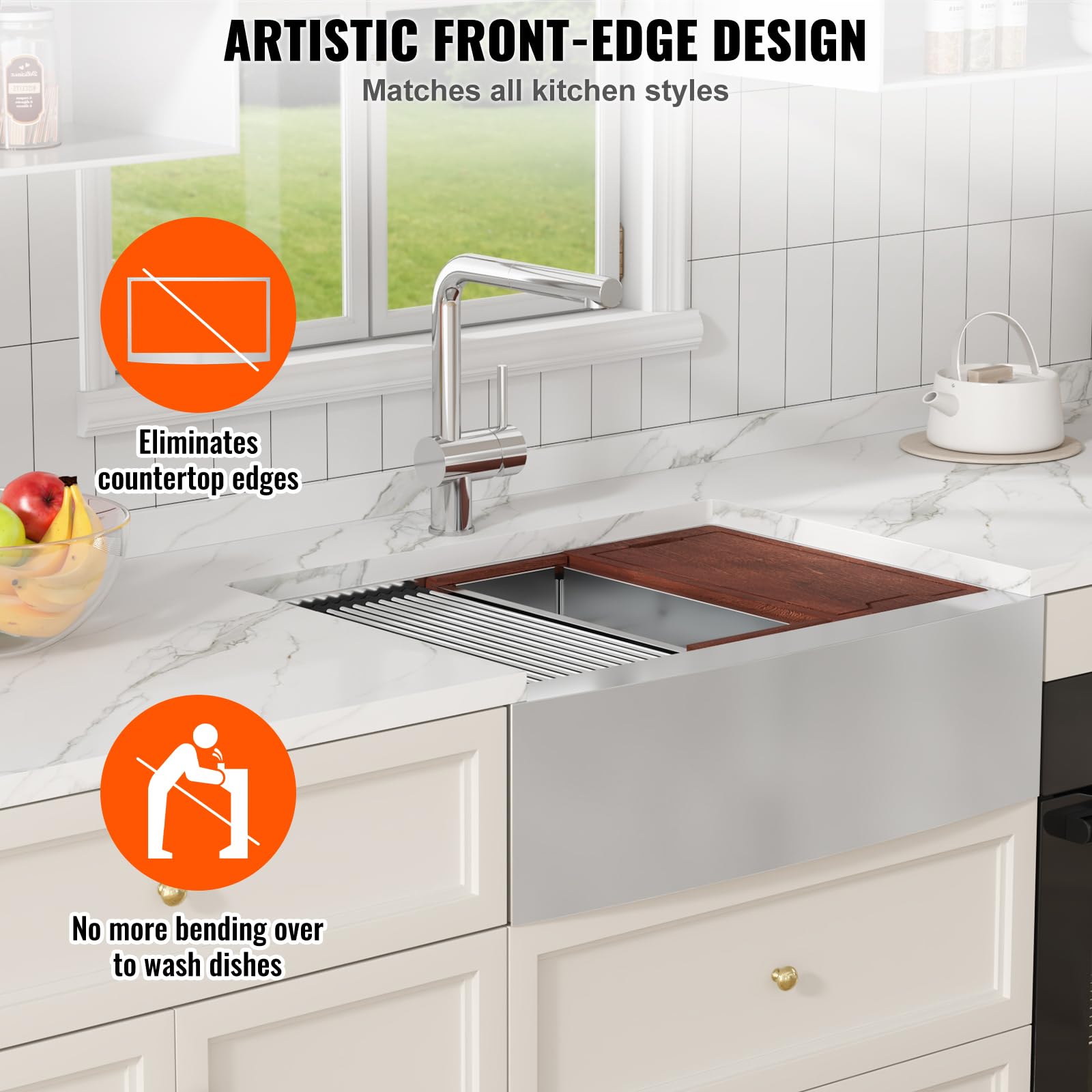 VEVOR 36 Inch Farmhouse Kitchen Sink - 304 Stainless Steel Top Mount Single Bowl with Drainboard & Accessories - Perfect for Workstation, Prep Kitchen, Bar & Dishwashing - Durable Drop-in Sink for Modern Homes & Restaurants