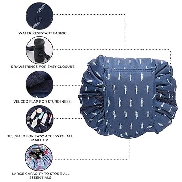 Keetly Stylish Portable Lazy Cosmetic Bag with Drawstrings | Waterproof Makeup Pouch for Women & Girls | Large Capacity Travel Toiletry Organizer | Perfect for Gym, Vacation & Daily Use (Navy Faux Leather)
