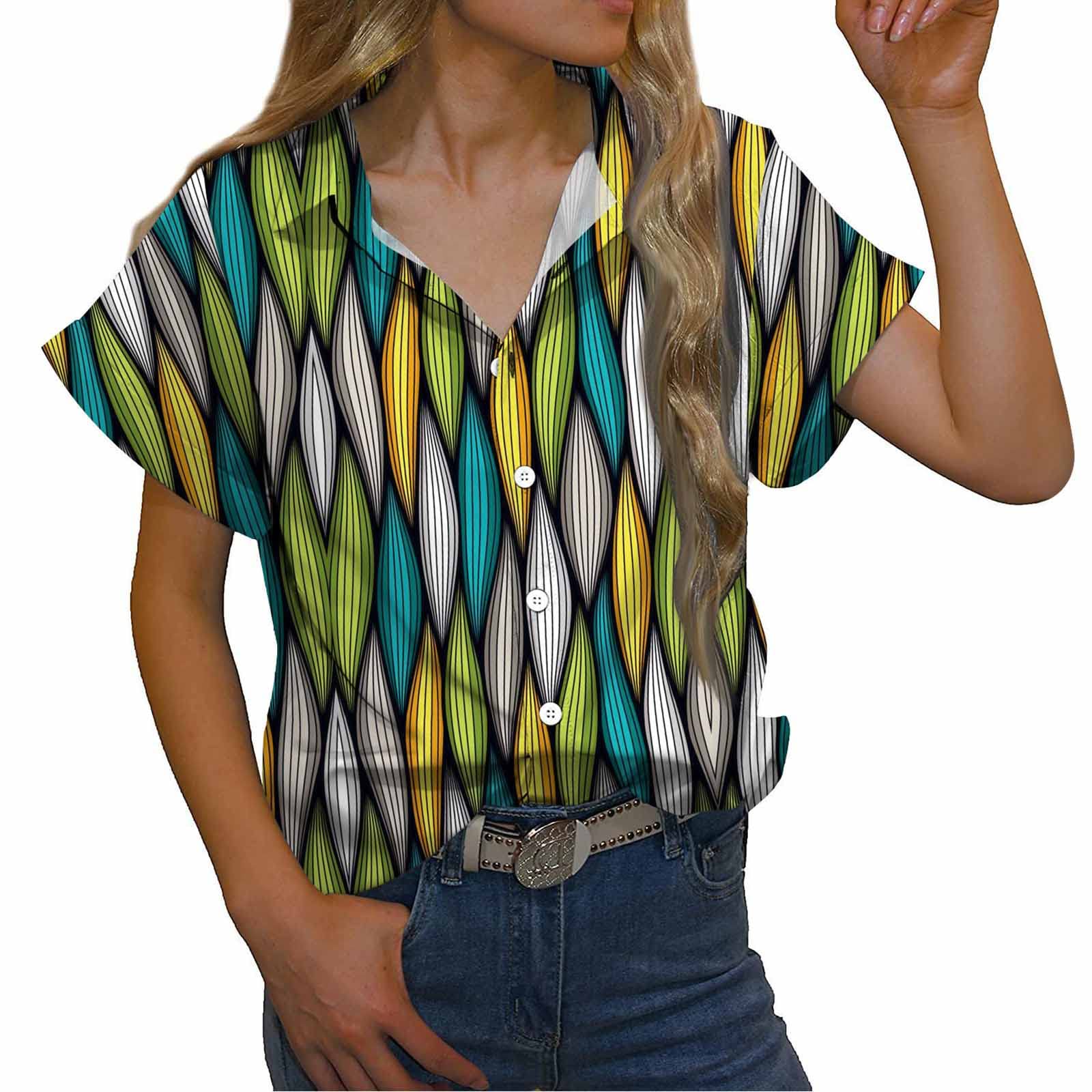 2022 Women's Summer Tops - Casual Turndown Collar Printed T-Shirt, Loose Fit Flowy Blouse for Beach, Vacation & Everyday Wear