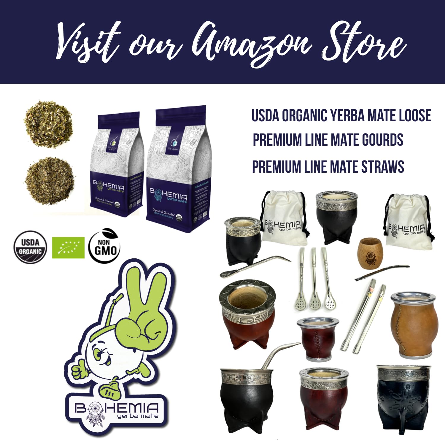 Organic Yerba Mate Tea Set - 1lb Bag, Silver Straw & Brush - High Caffeine Energy Booster for Workouts & Focus