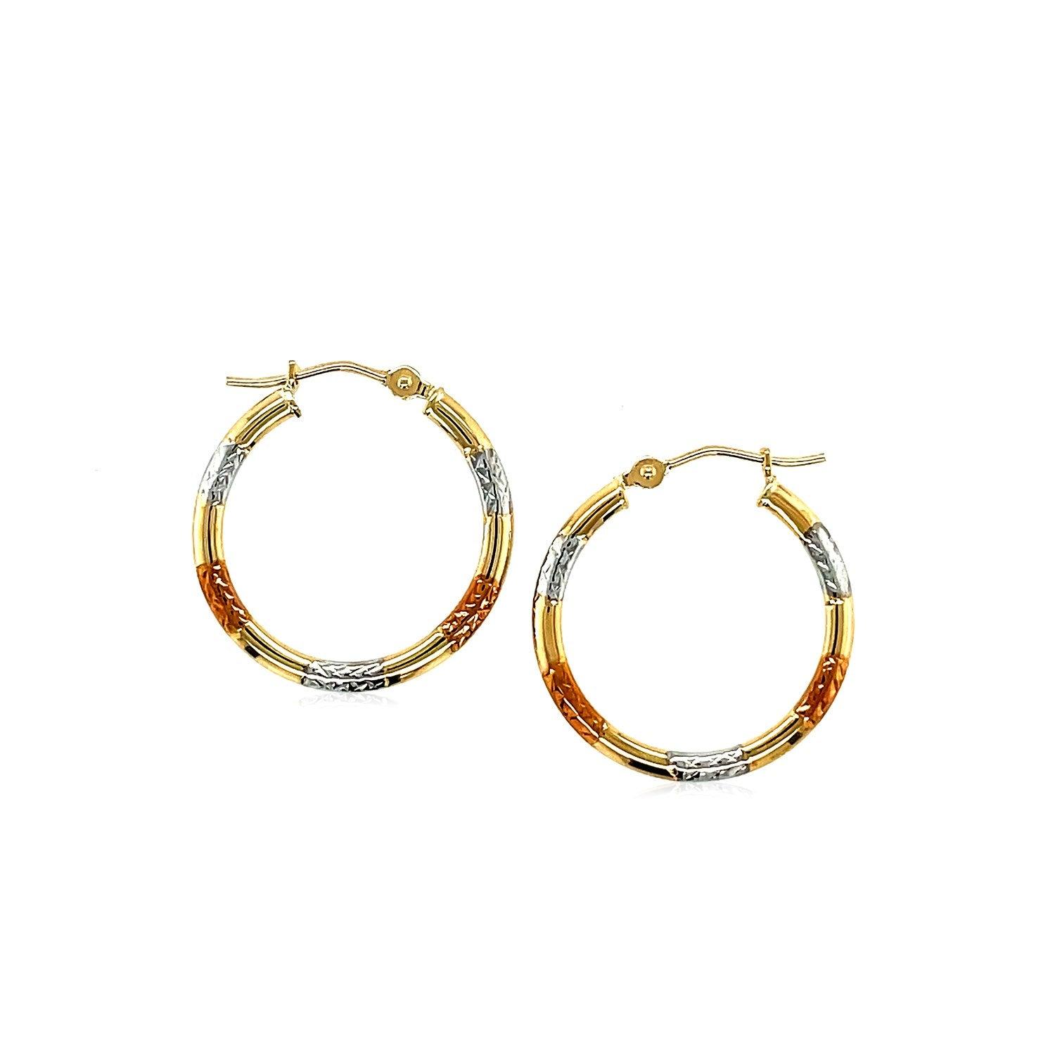 10K Tri-Color Gold Classic Hoop Earrings with Diamond Cut Details - Elegant Everyday Jewelry for Women, Perfect for Parties, Weddings & Special Occasions