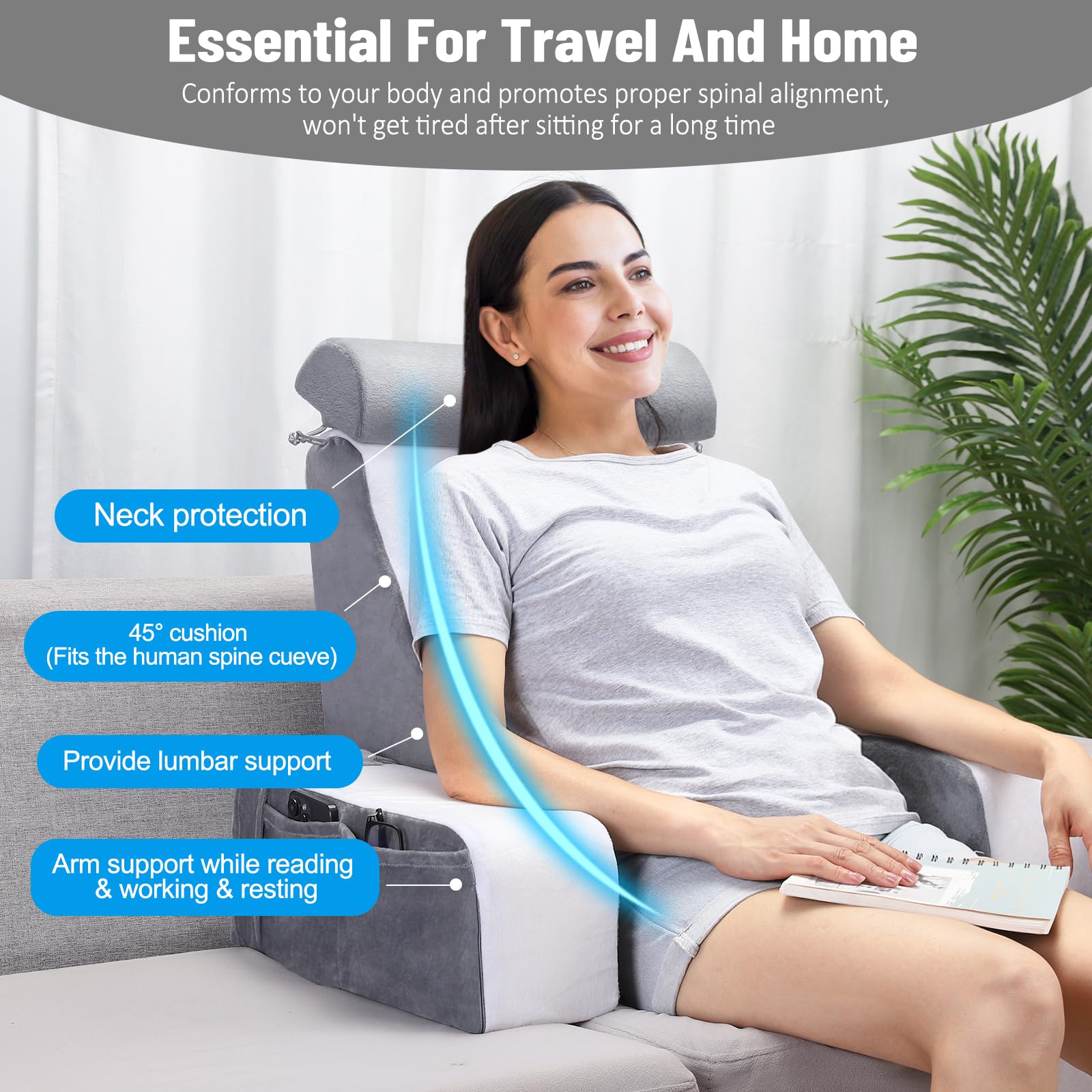 **Comfortable Reading Pillow for Adults - 19in Grey & White Back Support Pillow with Arms and Headrest for Sitting in Bed, Watching TV, or Relaxing - Solid Foam Chair for Ultimate Comfort**