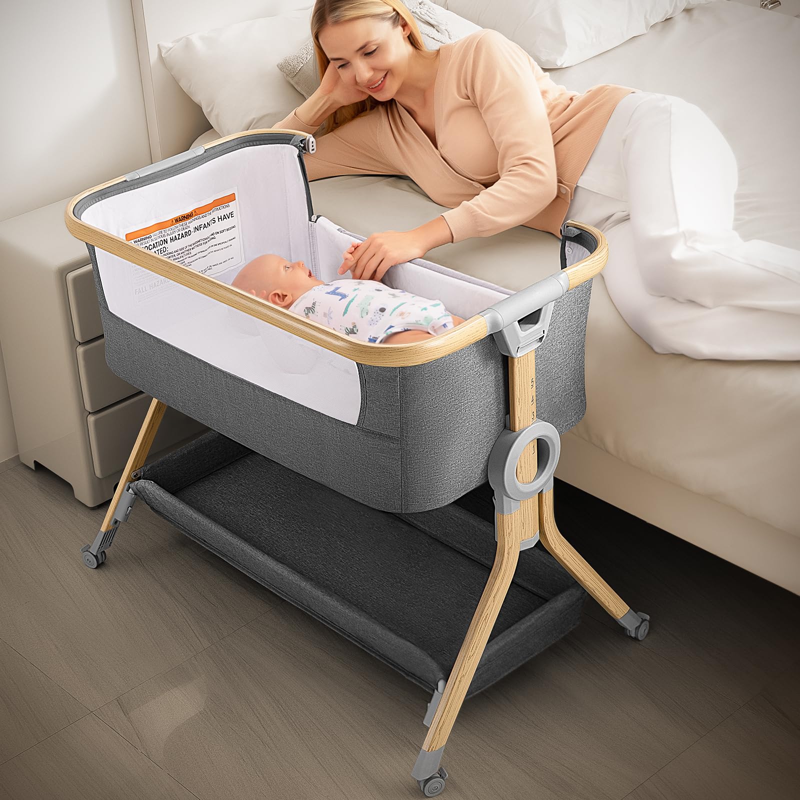 3 in 1 Baby Bassinet Bedside Sleeper - Breathable Mesh Safe Crib with 5 Height Adjustments, Storage Basket & Wheels | Portable Foldable Nursery Bed for Newborns | Perfect for Bedroom Co-Sleeping, Travel & Small Spaces