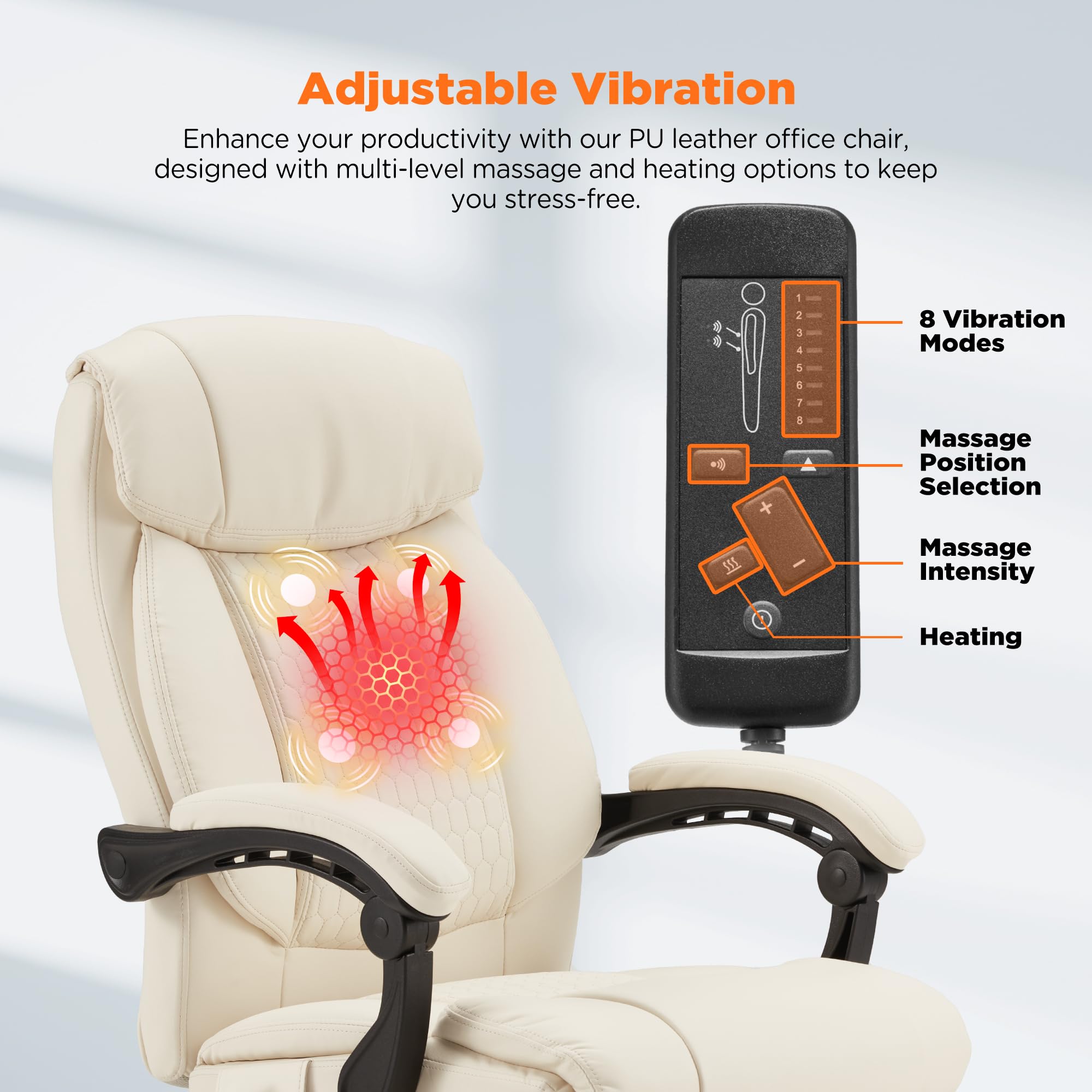 HOMREST Ergonomic Reclining Office Chair with 4-Point Massage & Heating - Adjustable Executive Chair with Retractable Footrest - Comfortable Computer Desk Chair for Home Office, Gaming & Work - Beige