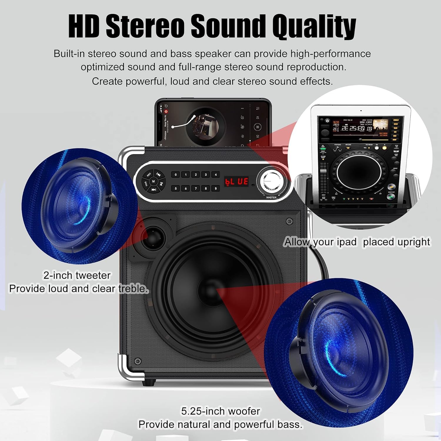 Portable Bluetooth Karaoke Machine with 2 Wireless Microphones - Bass/Treble Adjustable PA Speaker System with LED Lights, Remote Control, USB/AUX/TF/FM/REC/TWS - Perfect for Home Parties, Outdoor Gatherings & KTV Entertainment