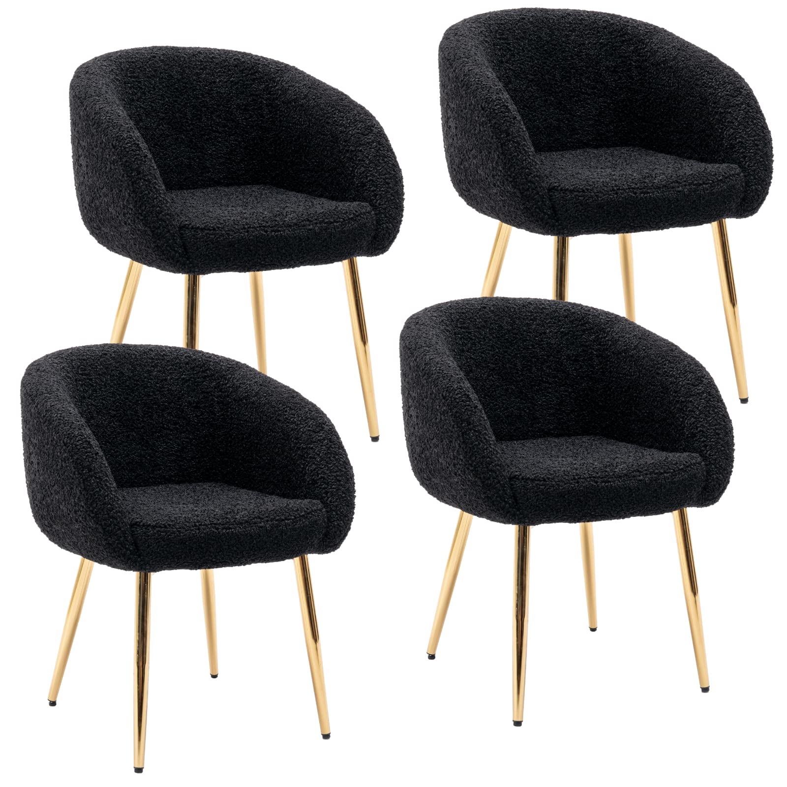 LukeAlon Modern Dining Chairs Set of 4 - Sherpa Upholstered Accent Chairs with Golden Legs & Round Back, Comfy Living Room Chairs for Home, Kitchen, Makeup Room (Black) - Perfect for Dining Rooms, Living Spaces & Vanity Areas