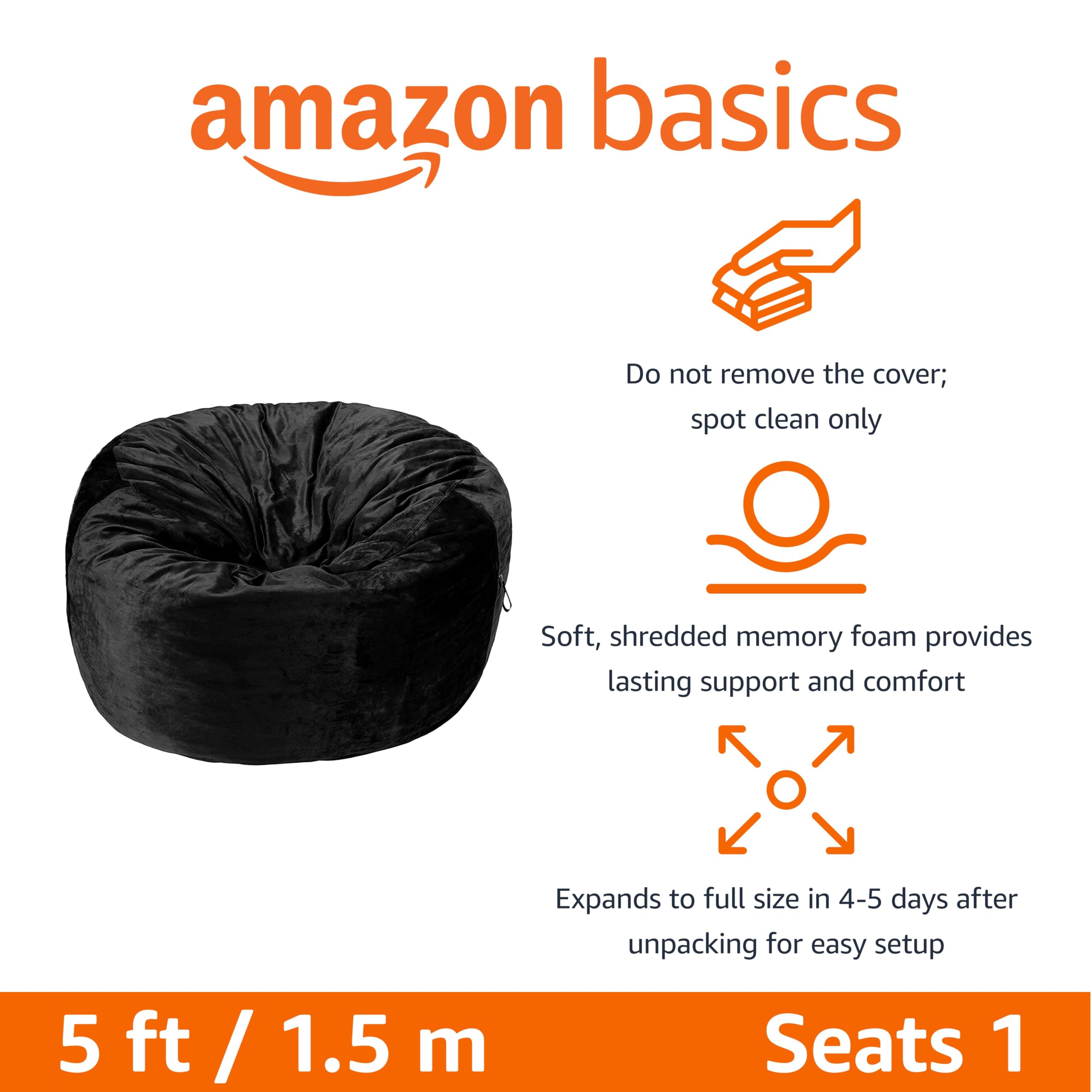 Amazon Basics Large Bean Bag Chair for Adults - 5 ft Black Memory Foam Filled with Soft Microfiber Cover | Comfortable Lounge Chair for Living Room, Bedroom, Game Room & Dorm