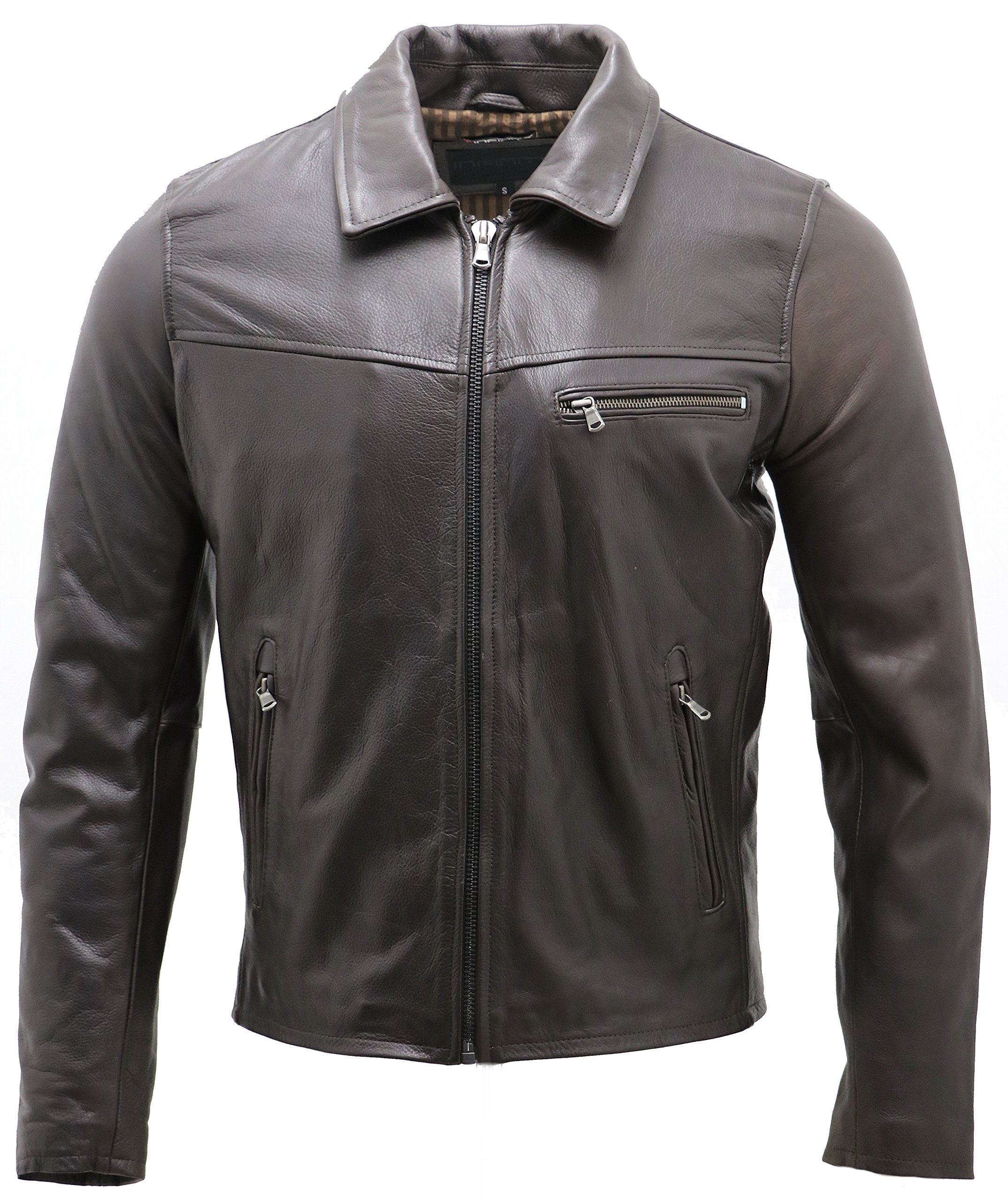 Infinity Men's Smart Dark Brown Leather Harrington Jacket - Classic Slim Fit Bomber Style for Casual & Business Wear - Perfect for Office, Dating & Travel