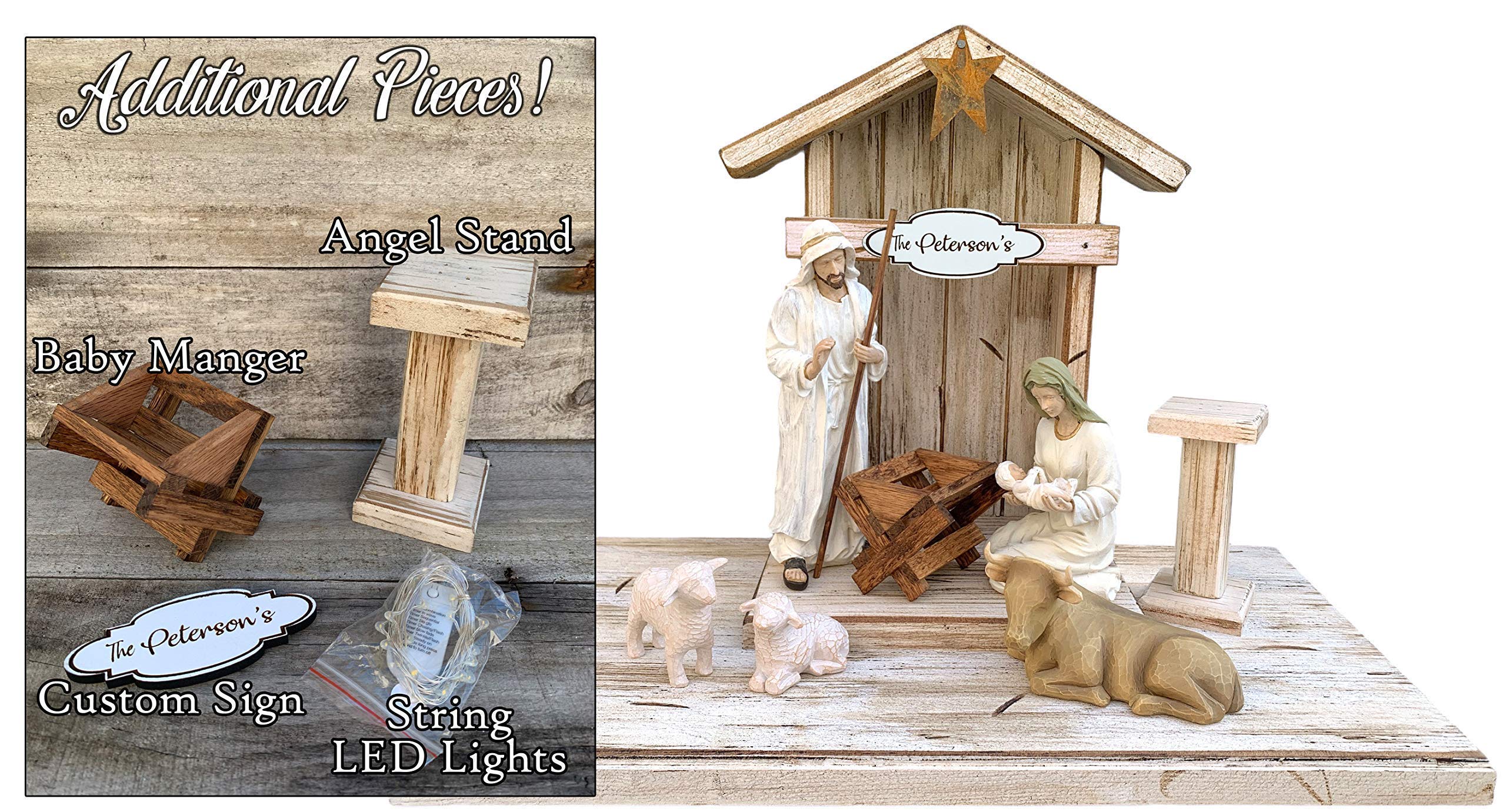 **Handmade Distressed Real Wood Nativity Stable for Willow Tree Figures - No Assembly, Custom Creche with Lights & Accessories (Angel Stand, Baby Manger, Personalized Sign) - Perfect for Christmas Decor, Home Nativity Display, and Holiday Gift**