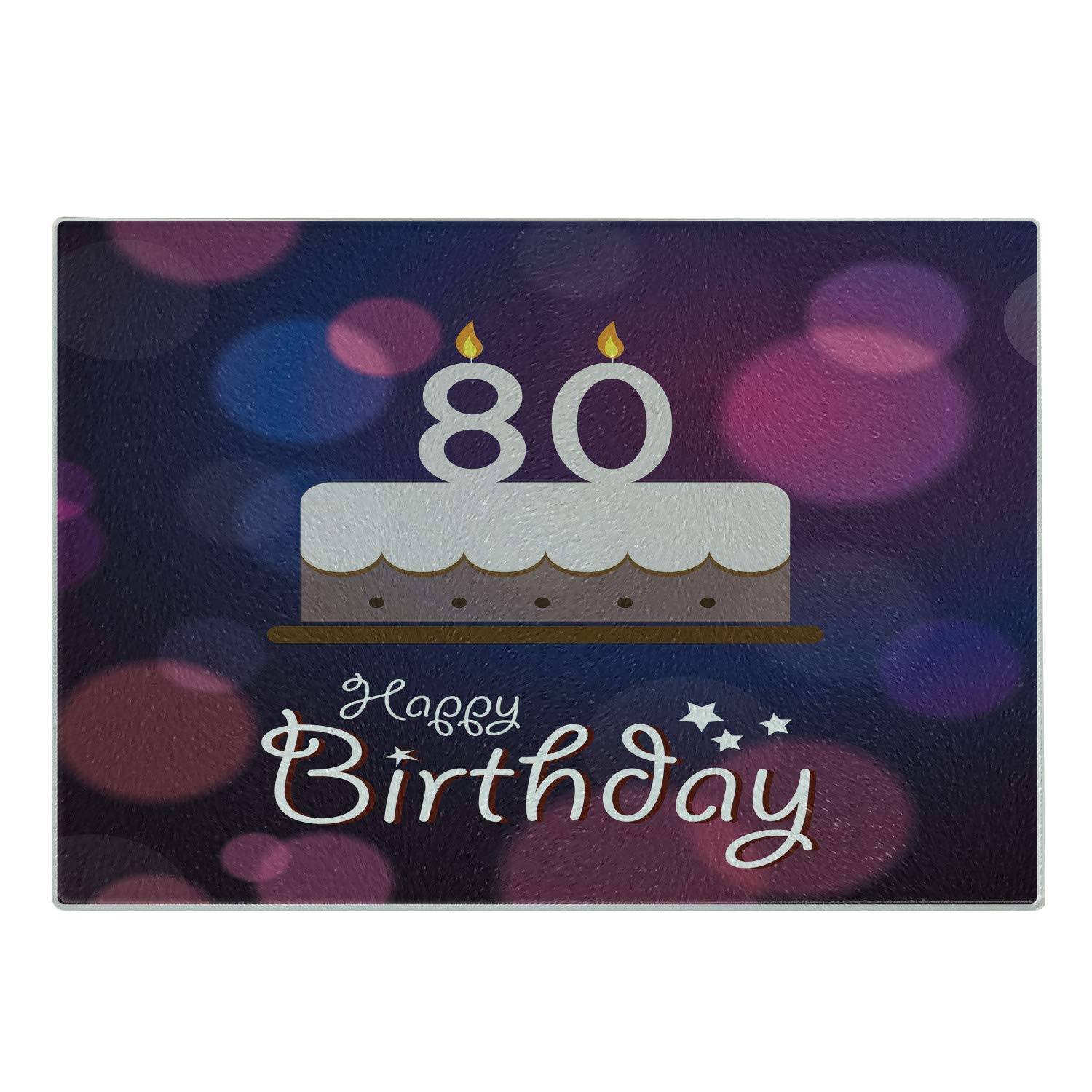 Ambesonne 80th Birthday Cutting Board - Abstract Party Cake & Candles Print Tempered Glass Serving Board - Small Size Purple Pink Lilac - Perfect for Birthday Celebrations, Kitchen Decor & Gift Giving