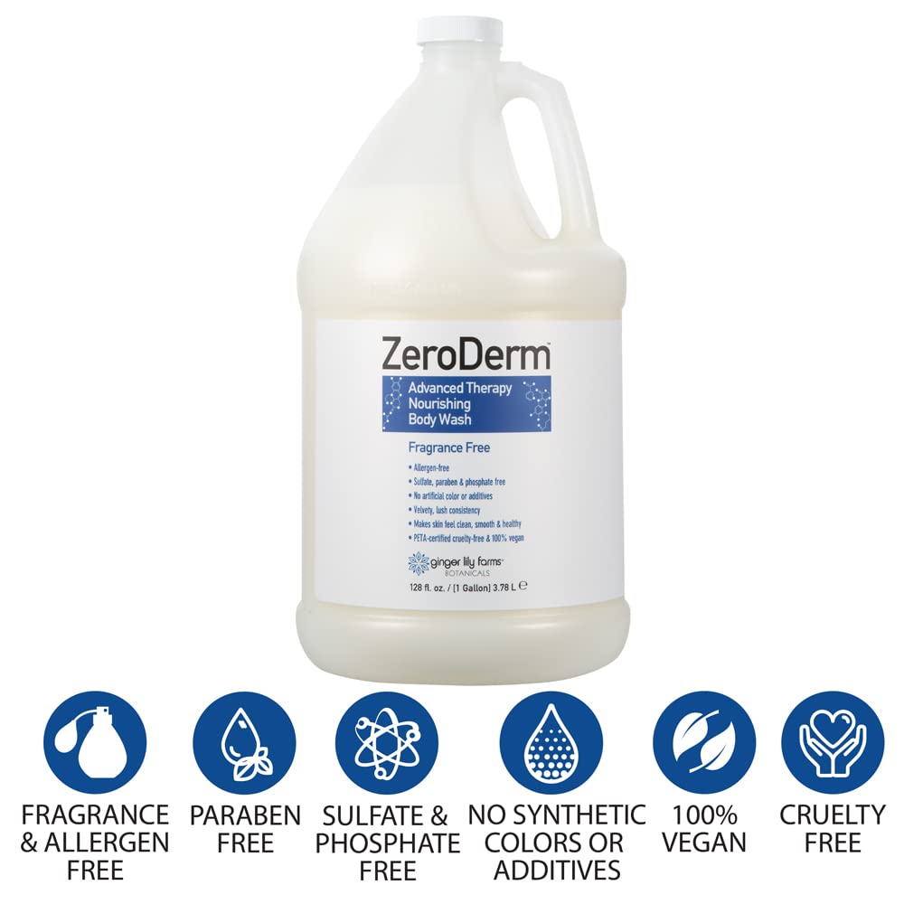 Ginger Lily Farms ZeroDerm Advanced Therapy Nourishing Body Wash - 100% Vegan, Cruelty-Free & Fragrance Free - 1 Gallon Refill (Pack of 4) for Sensitive Skin & Eczema Relief - Ideal for Daily Use, Spas & Healthcare Facilities