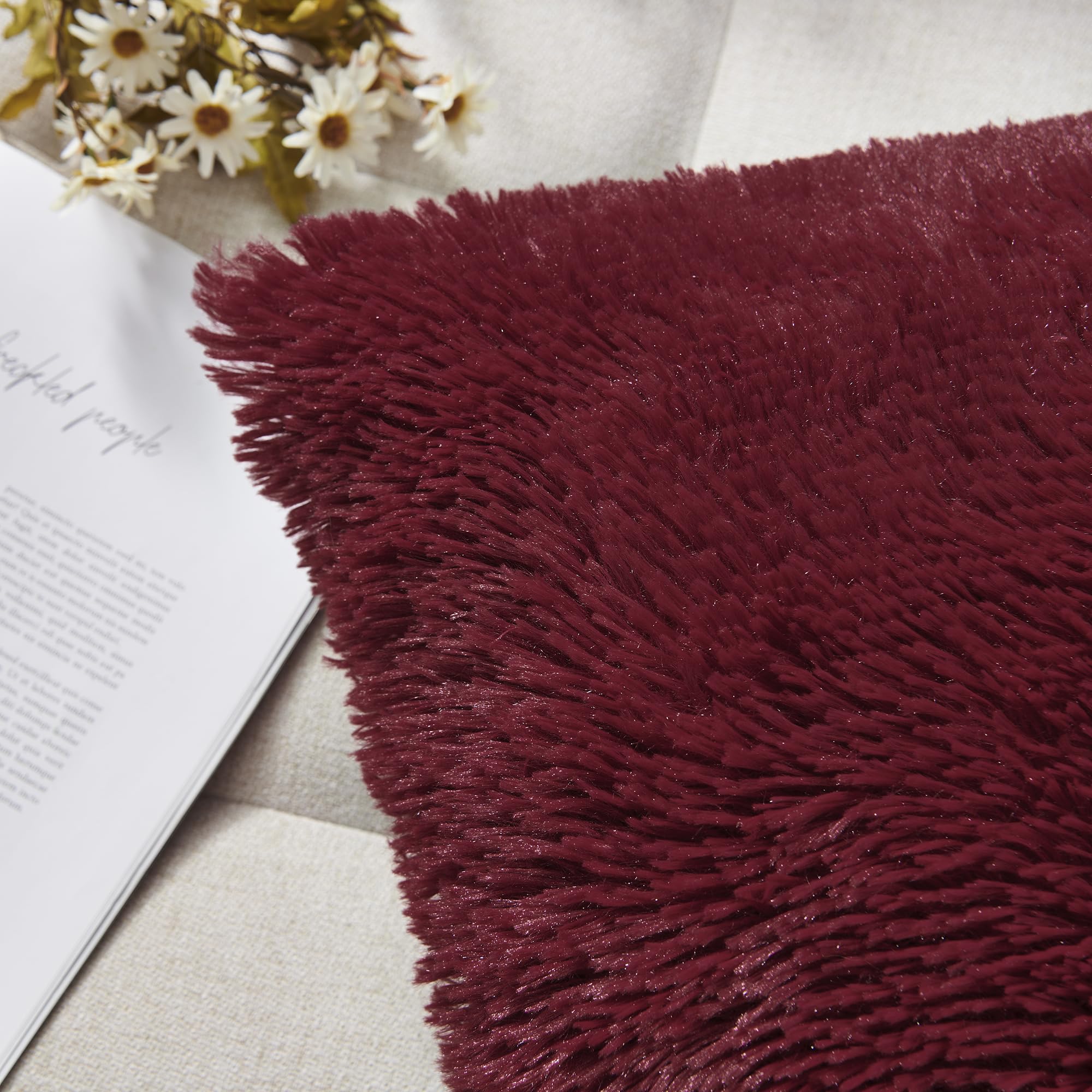 Luxury Soft Faux Fur Fleece Pillow Covers 22x22 Inch - 2 Pack Wine Red Decorative Throw Pillow Cases for Sofa, Bed & Home Decor | No Insert Included | Cozy Winter Accent Pillows