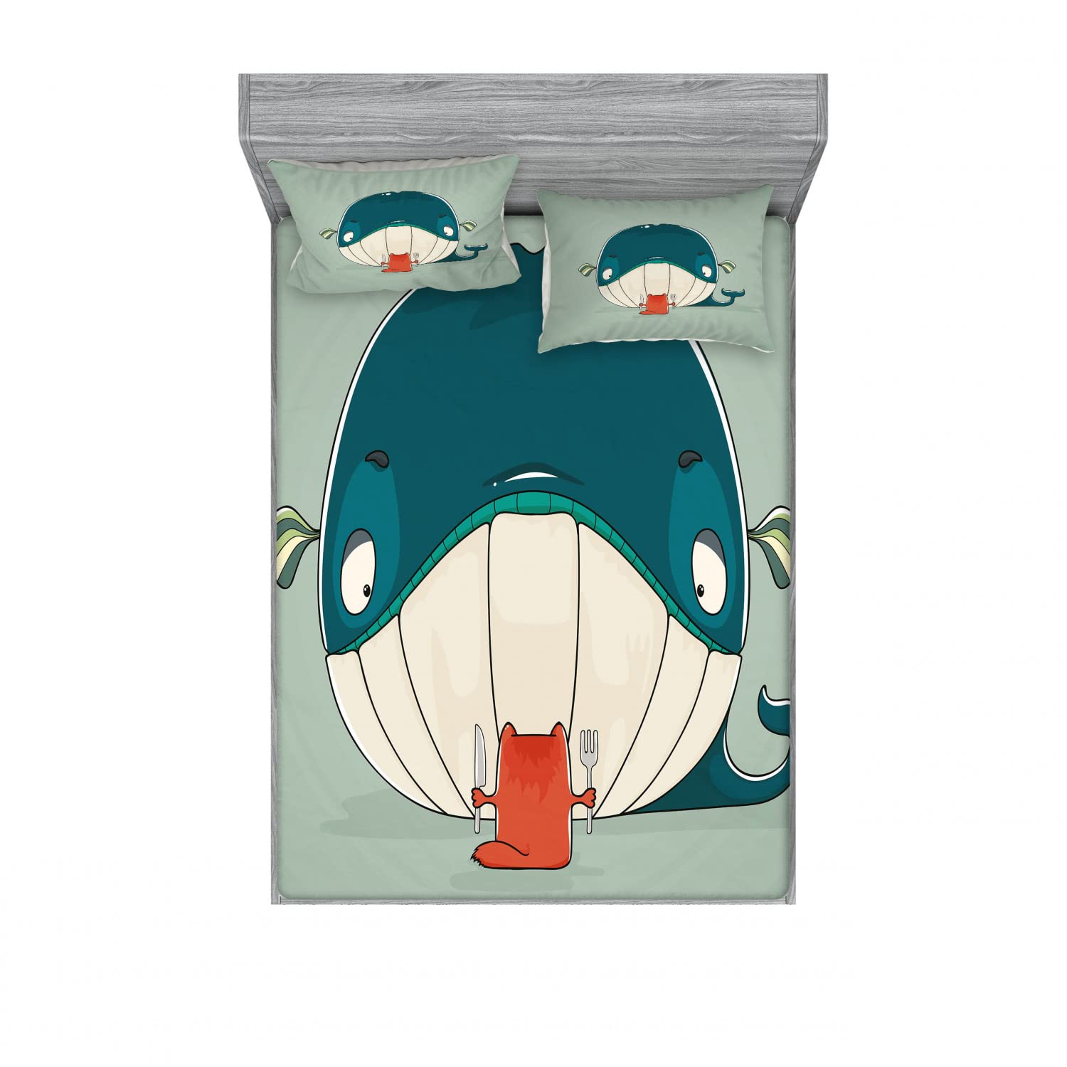 Ambesonne 2-Pack Cat Themed Queen Size Fitted Sheet Set with 4 Pillow Shams - Kitten Eating Fish Print Bedding Collection in Almond Green Teal - Perfect for Pet Lovers' Bedroom Decor & Themed Guest Rooms
