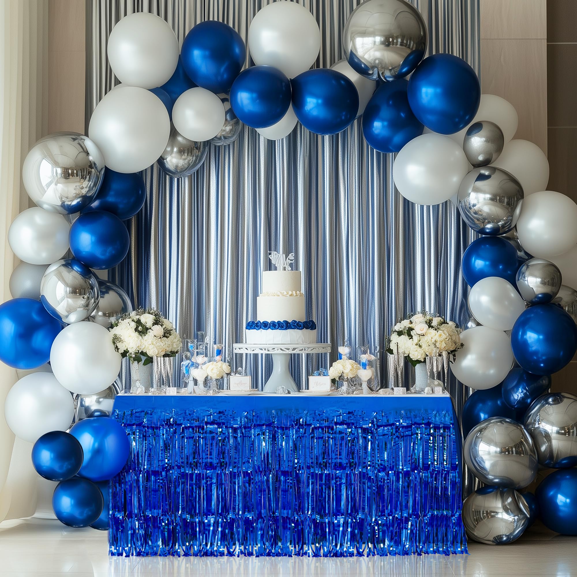 2 Pack Dark Blue Metallic Foil Tinsel Fringe Table Skirts - 29x108 Inch Party Decor for Rectangle Tables, Birthday Wedding Holiday Backdrop, Perfect for Banquet Halls & Event Center Decorations