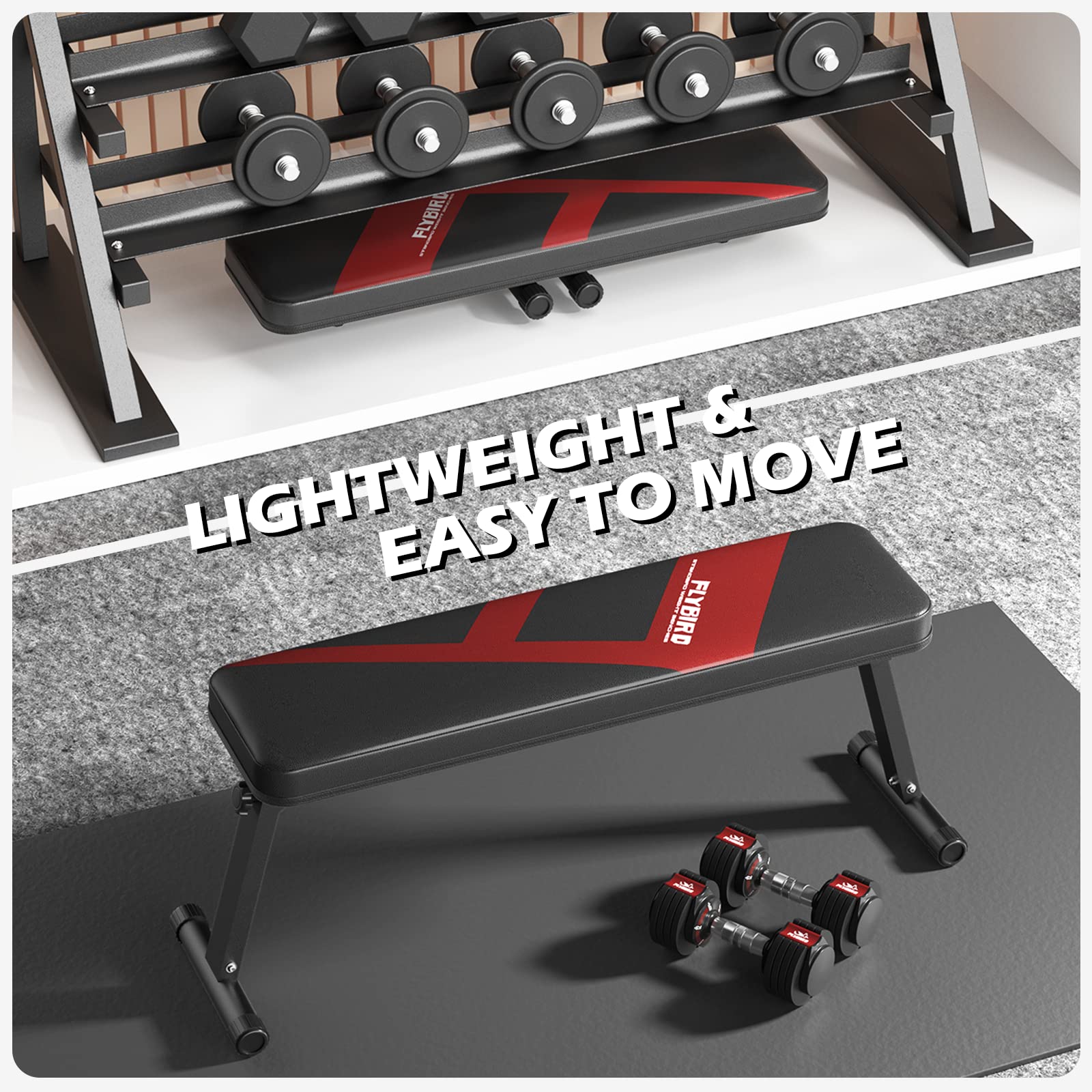 FLYBIRD Foldable Flat Weight Bench for Home Gym - 600/1000 LBS Capacity Strength Training Bench for Bench Press & Workouts - Easy Assembly Space-Saving Design - Perfect for Home Fitness, Garage Gym & Small Spaces