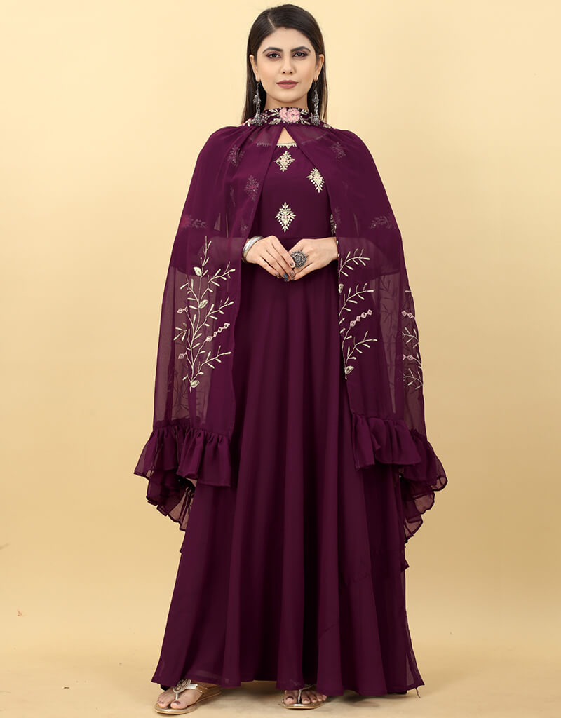 Elegant Blackberry Designer Party Wear Gown with Shrug - Formal Evening Dresses for Women, Prom, Cocktail & Wedding Events