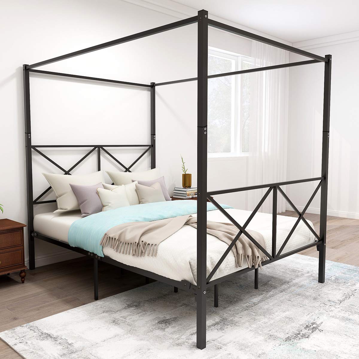 Sturdy Metal Canopy Bed Frame with X-Shaped Headboard & Footboard - Queen Size Black Bed Frame for Adults & Teens, No Box Spring Required | Perfect for Bedroom Decor, Guest Rooms & Dormitories
