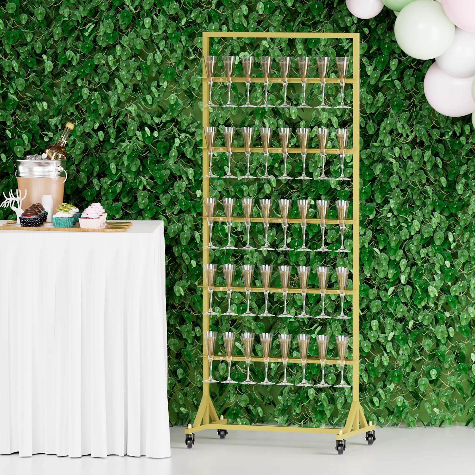 5-Tier Gold Metal Champagne Wall Holder - Holds 40 Glasses with Swivel Casters | Perfect for Weddings, Parties & Events | Sturdy Champagne Flutes Display Stand for Bars & Banquets