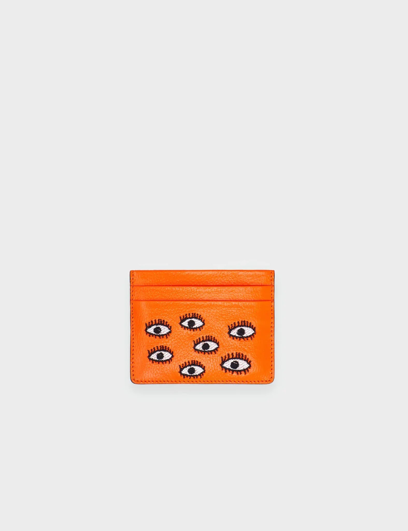 Filium Neon Orange Leather Cardholder with All Over Eyes Embroidery - Slim RFID Blocking Wallet for Credit Cards & Cash - Perfect for Travel, Parties, and Everyday Use