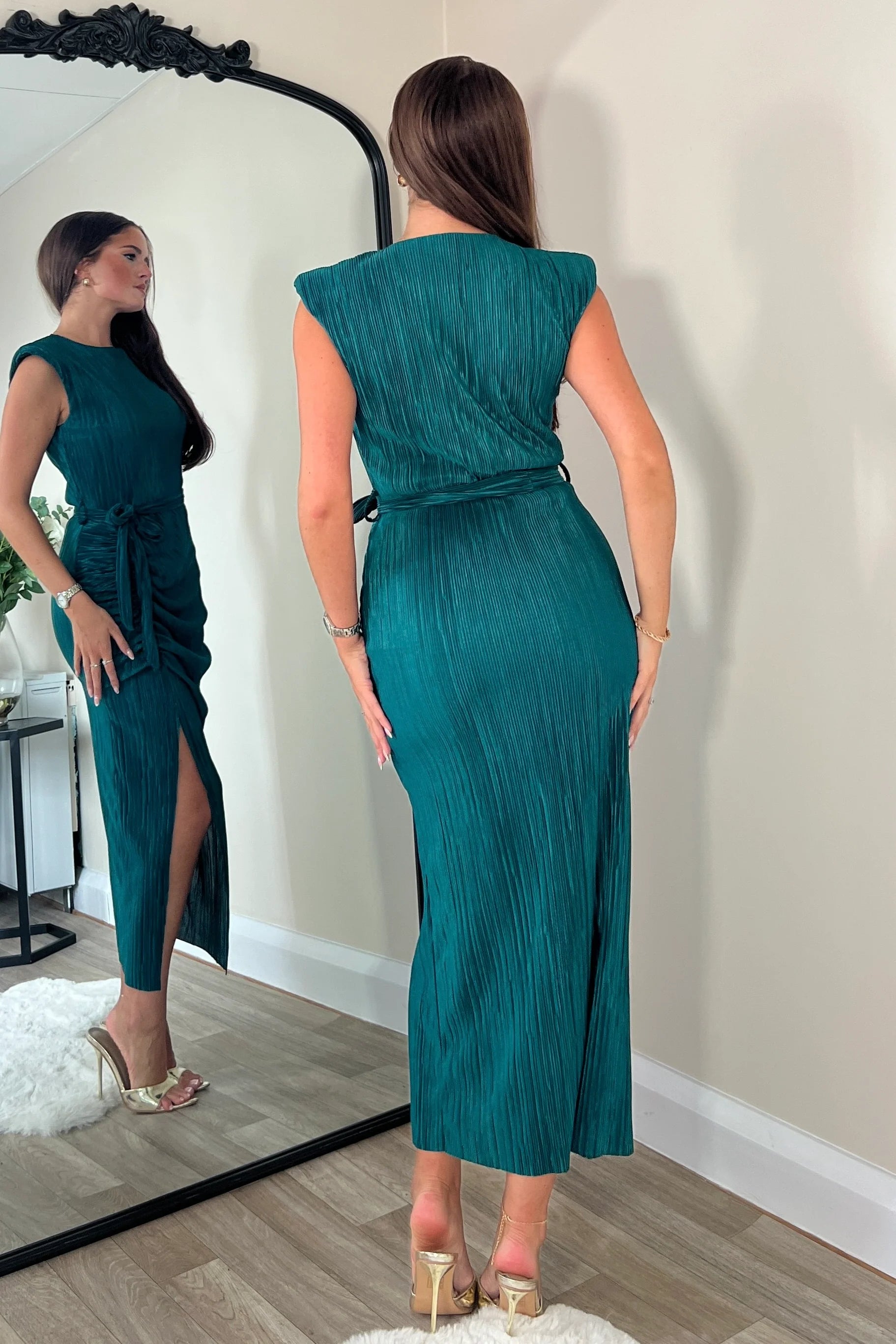 Elena Ruched Seamed Midi Dress in Teal - Elegant Bodycon Party Dress for Women, Perfect for Cocktail Parties, Date Nights & Special Occasions