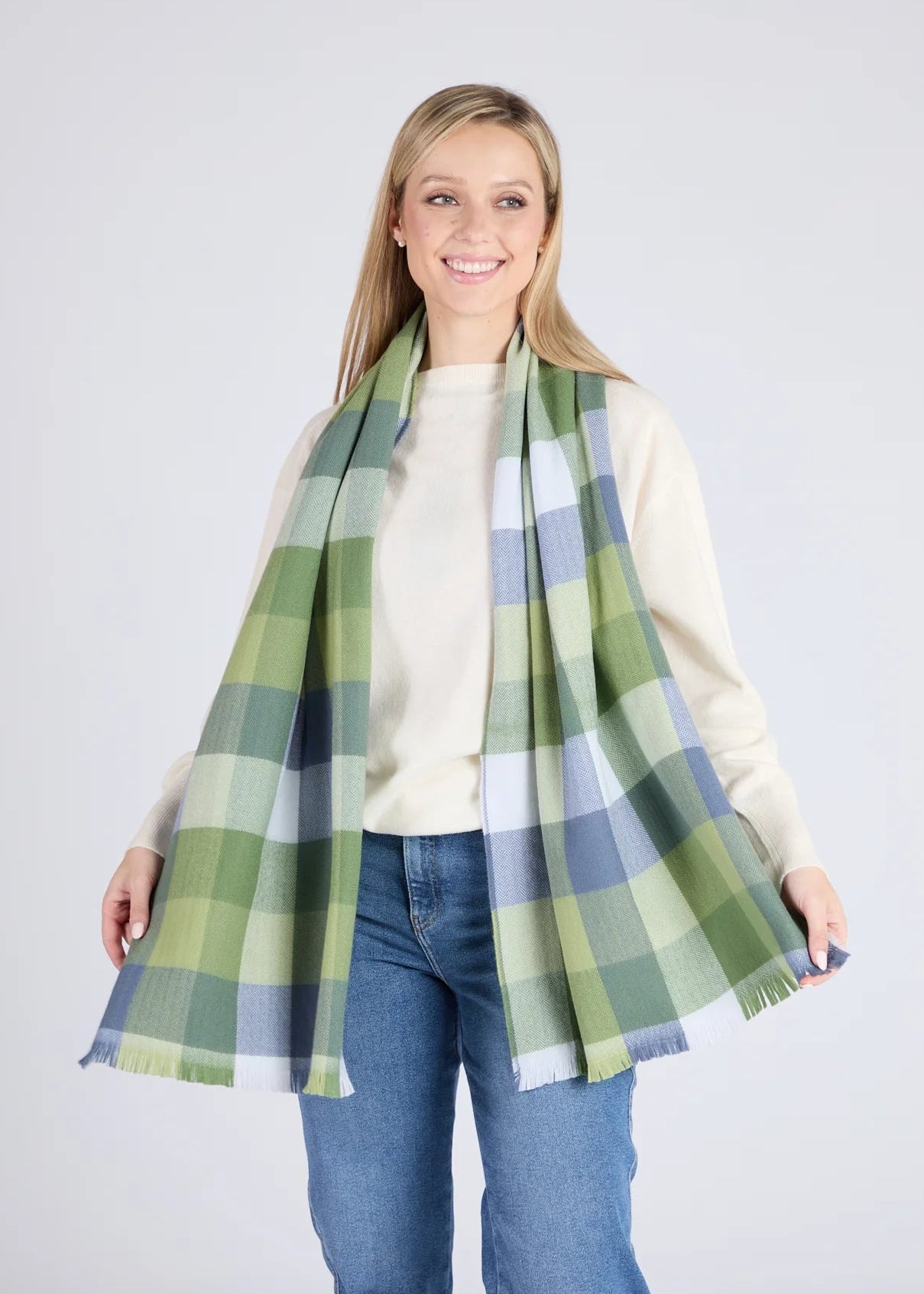 Foxford Giant Merino Wool Scarf - Soft Warm Winter Accessory in Green & Blue Block Check Pattern | Perfect for Outdoor Activities, Travel & Cold Weather Fashion