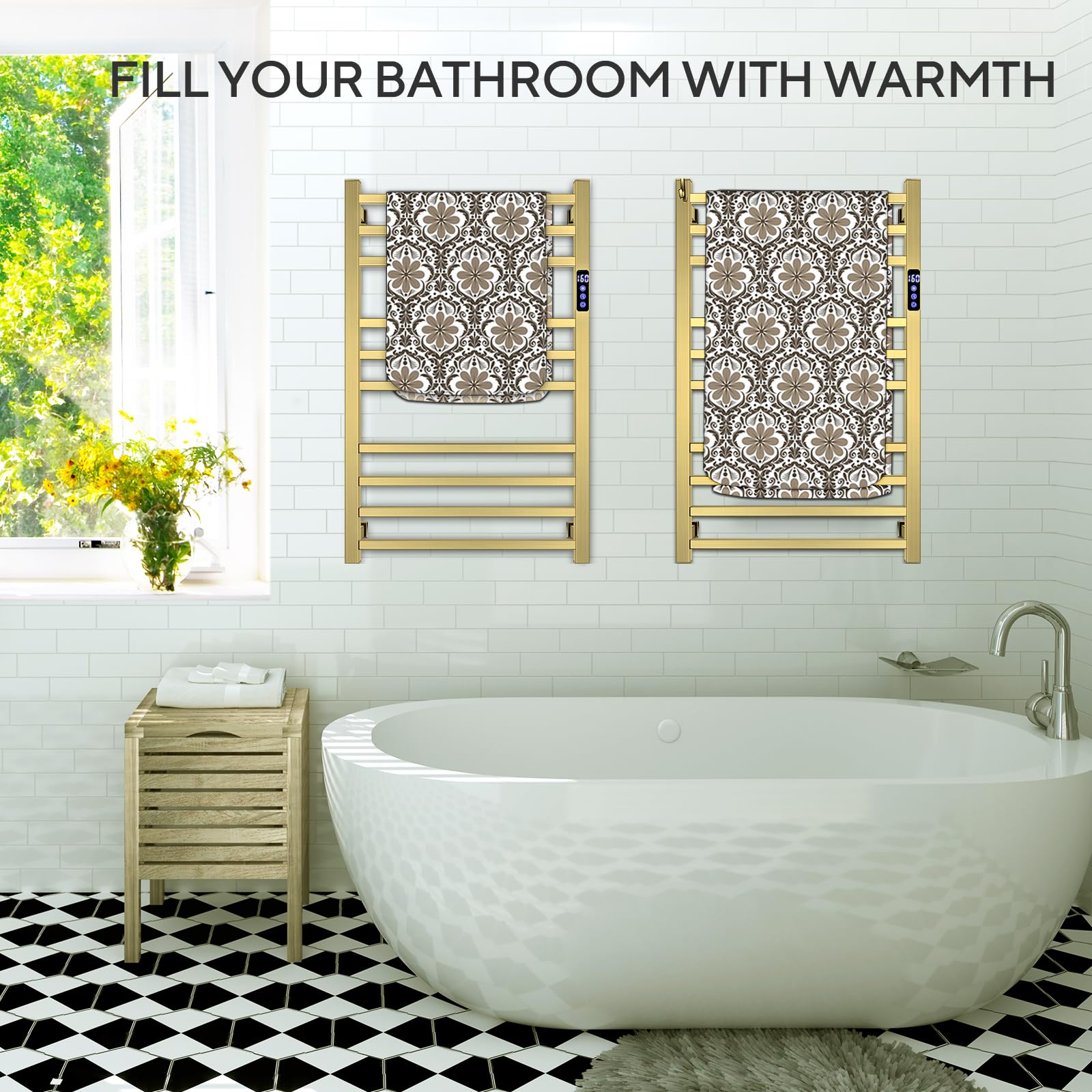 Premium Electric Towel Warmer Rack - 10-Bar Wall Mounted Heated Towel Rail with Timer & Fahrenheit Temperature Control for Bathroom - Brushed Gold Finish - Plug-in or Hardwired Installation - Perfect for Keeping Bath & Shower Towels Warm & Cozy - Ideal for Spa-Like Luxury at Home