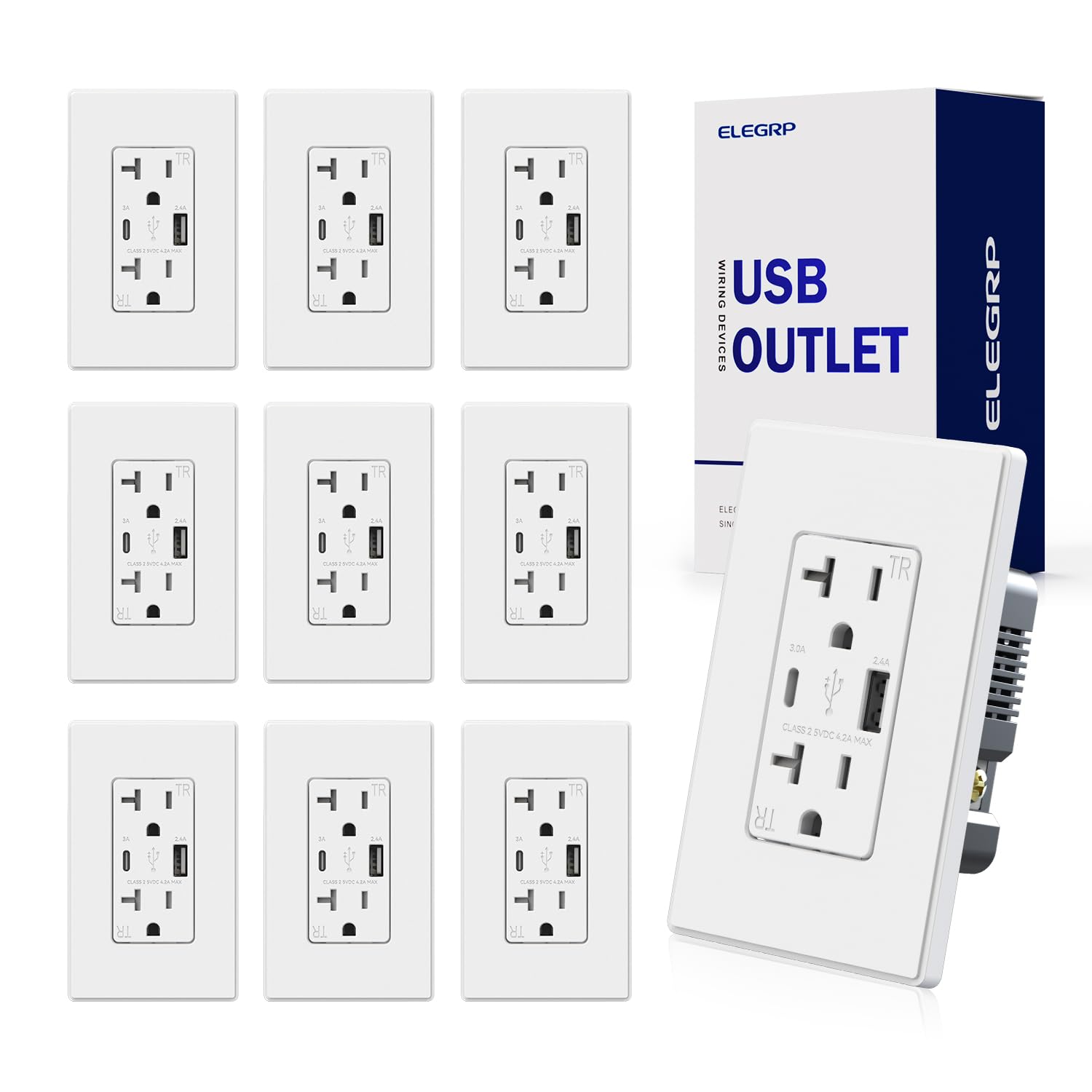 ELEGRP 20A Tamper-Resistant USB Wall Outlet with Type A & Type C Ports - 10 Pack Matte White Duplex Receptacle - UL Listed for Home, Office & Commercial Use - Fast Charging Solution for Smartphones & Tablets