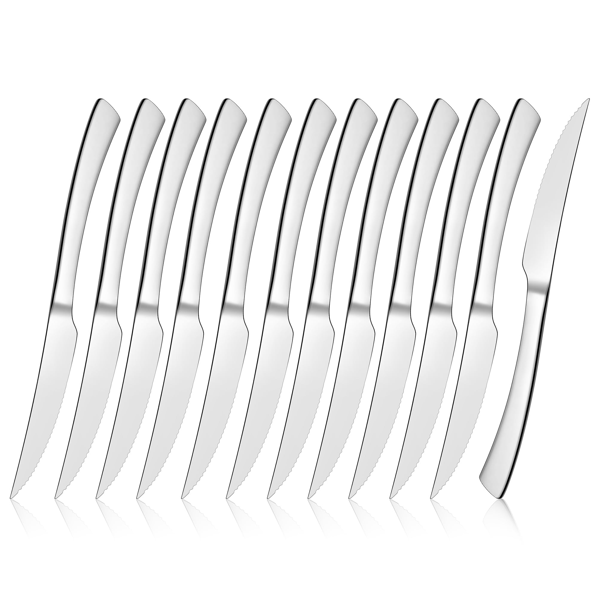 Premium Serrated Steak Knives Set of 12 - 9 Inch Stainless Steel Dinner Knives with Ergonomic Handle & Sharp Blade - Mirror Silver Finish - Dishwasher Safe - Perfect for Home Kitchen, Restaurant & Outdoor BBQ Parties