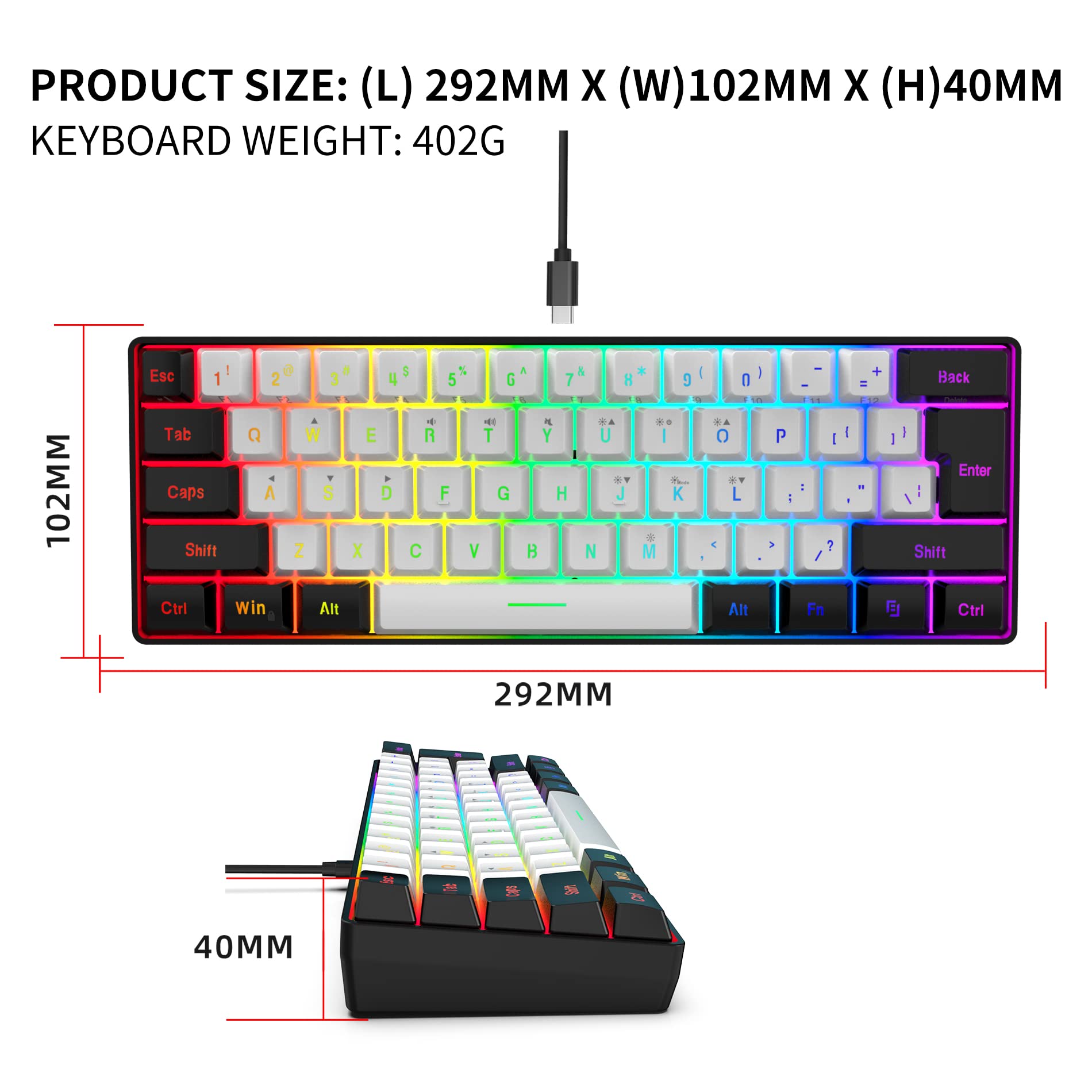 SNPURDIRI 60% Wired Mechanical Gaming Keyboard - 61 Key RGB Backlit Ultra-Compact Keyboard for PC & Mac Gamers, Typists & Office Work | Portable Travel Keyboard for Business Trips & Small Spaces (Black-White) | Perfect for Esports, Coding & Home Office Setup