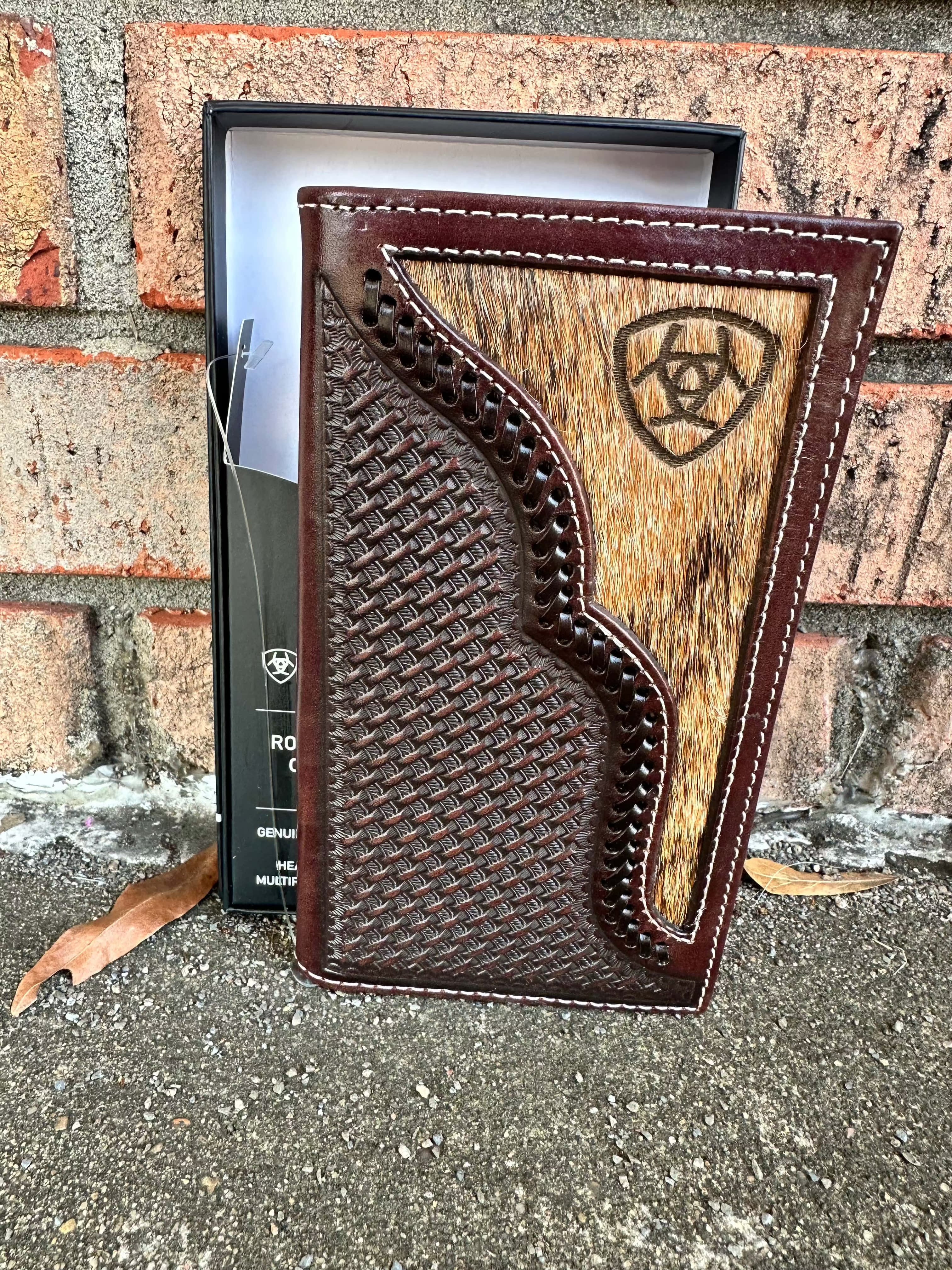 Ariat Genuine Calf Hair Basketweave Leather Wallet for Men - Stylish Bifold Design with RFID Protection - Perfect for Everyday Carry, Travel & Gifts