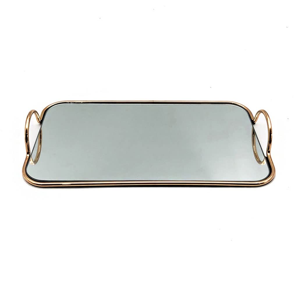 Elegant Gold-Trimmed Rectangular Mirror Glass Serving Tray with Wrought Iron Base - Perfect for Living Room Decor, Kitchen Storage & Party Food Service (Color A) | Versatile for Entertaining, Home Organization & Stylish Display