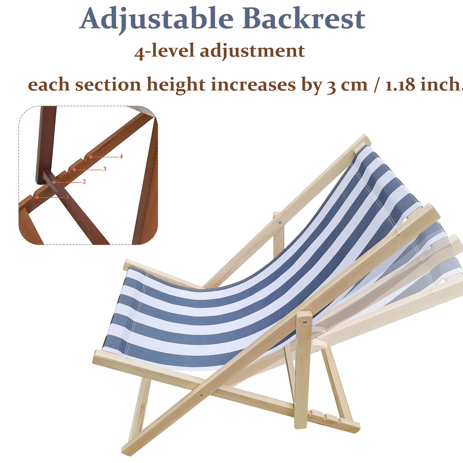 Adjustable Wood Backrest Folding Beach Sling Chair - Portable Outdoor Lounge Recliner for Patio, Lawn, Deck, Poolside & Camping - Comfortable Blue Relaxation Chair