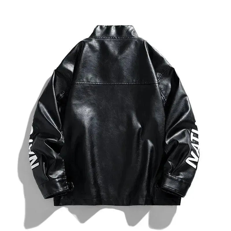 Men's Casual Letter Embroidered Genuine Leather Jacket - Stylish Biker Jacket for Everyday Wear, Motorcycle Riding & Outdoor Adventures