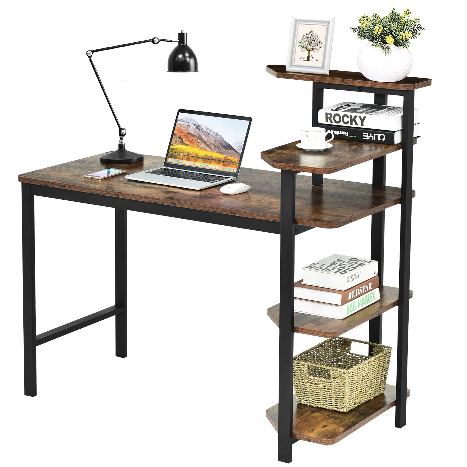 Safeplus Modern Computer Desk with Storage Shelves - Home Office Desk for Students & Professionals, Study Writing Workstation - Perfect for Bedroom, Home Office & Small Spaces (Coffee Finish)