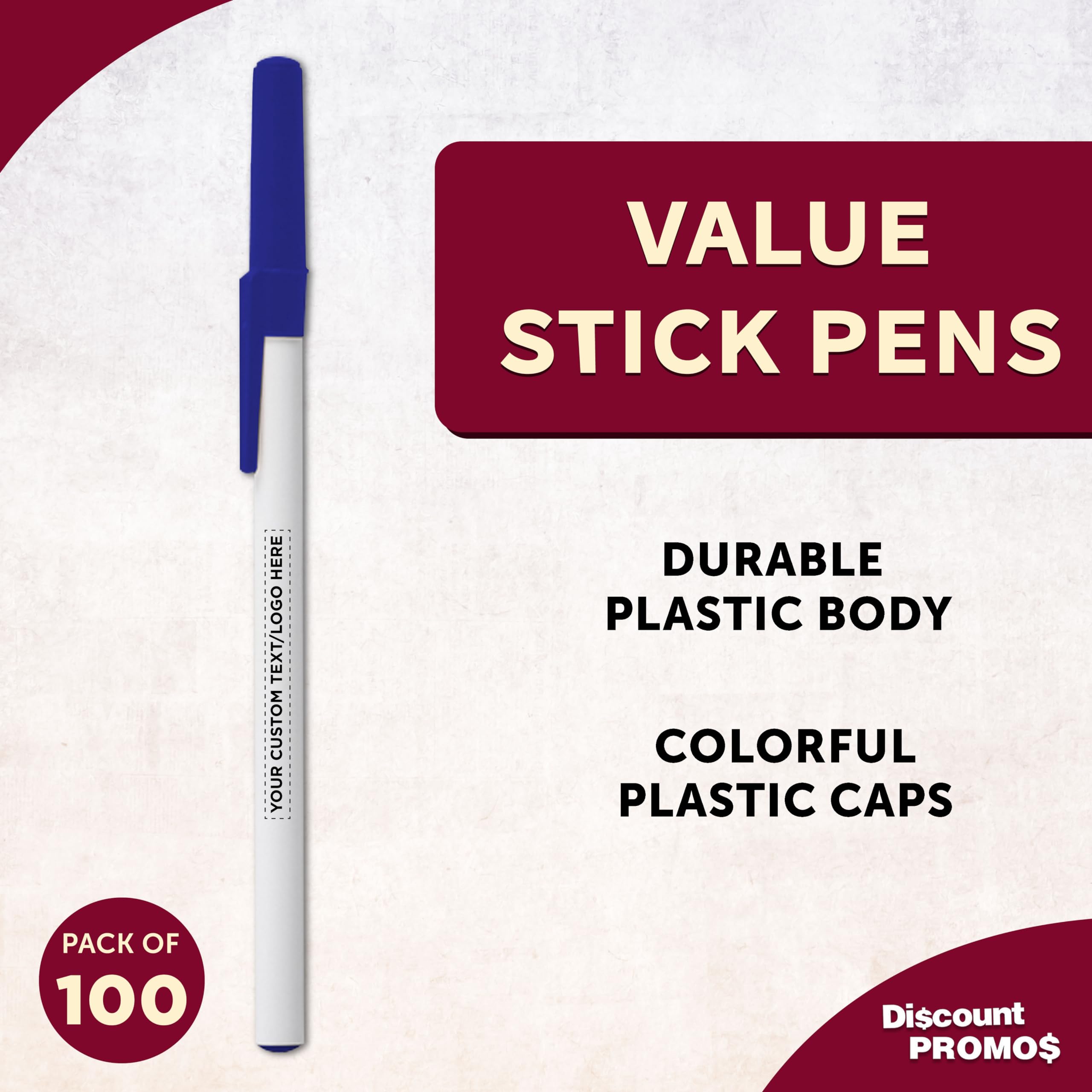 Custom Value Stick Pens Set of 100 - Personalized Bulk Pack with Black Ink - Premium Promotional Pens for Office, School, Business, Tradeshows & Events - Perfect for Branding, Giveaways & Corporate Gifts