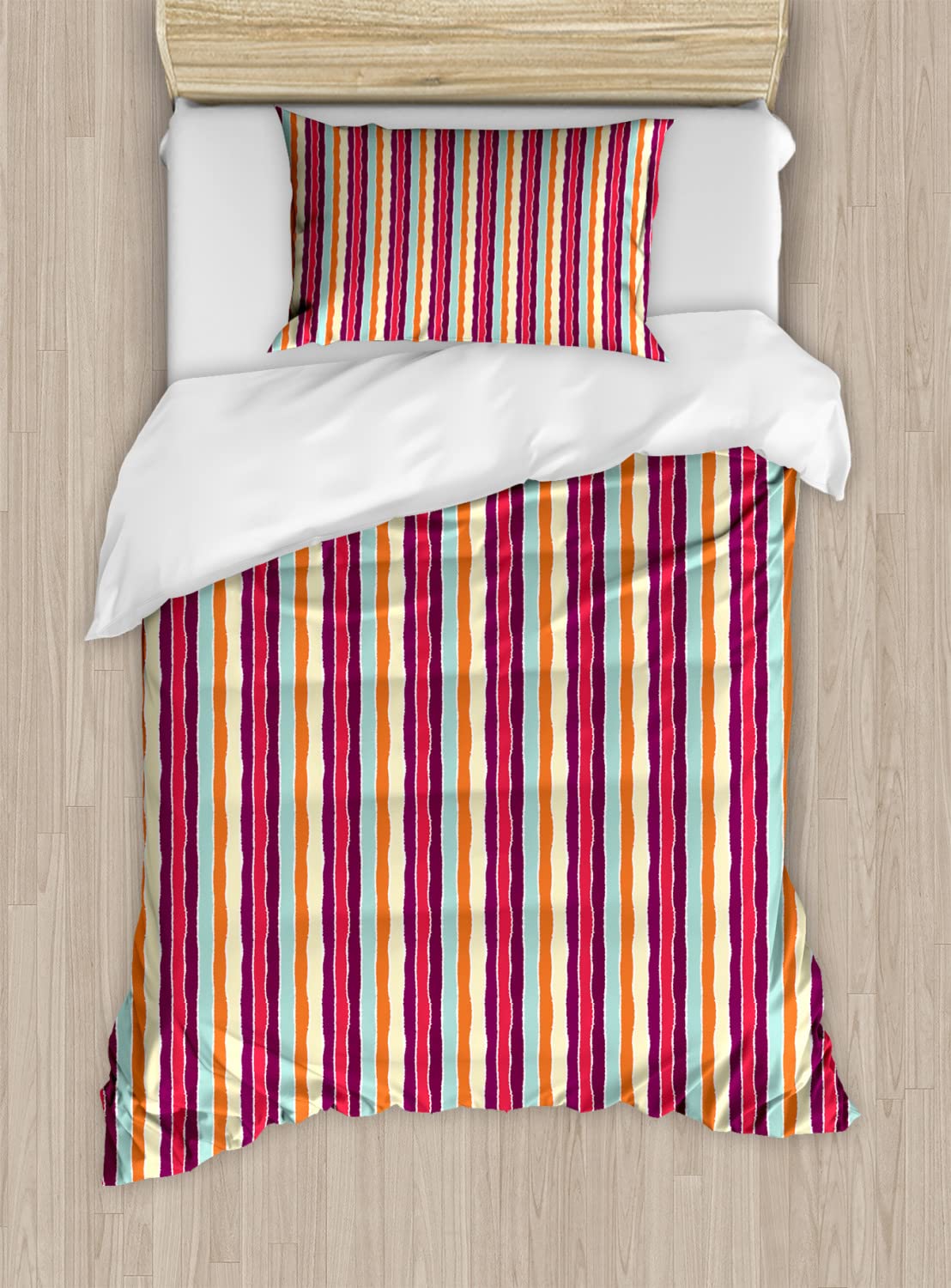 Ambesonne Tropical Striped Duvet Cover Set - 2 Pack Twin Size with 2 Duvet Covers & 2 Pillowcases, Colorful Vertical Lines Torn Paper Design for Summer Bedroom Decor | Perfect for Beach House, Guest Room & Kids Bedding