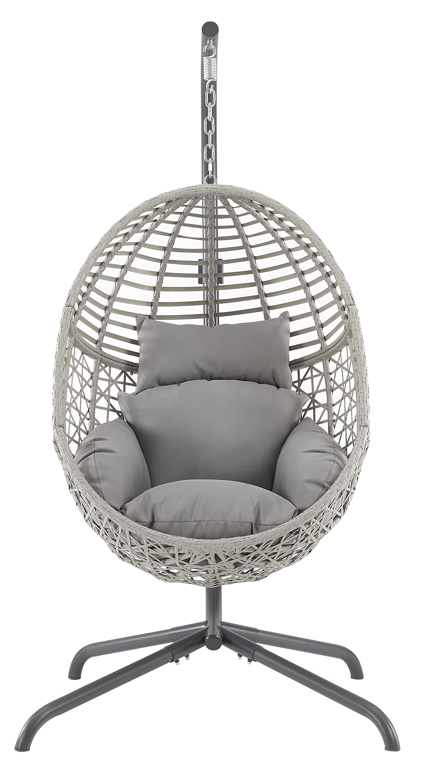 Crosley Lorelei Wicker Hanging Egg Chair with Stand - Indoor Outdoor Swing Chair for Patio, Porch, Deck, Garden - Gray Rattan Hanging Chair for Relaxing & Lounging