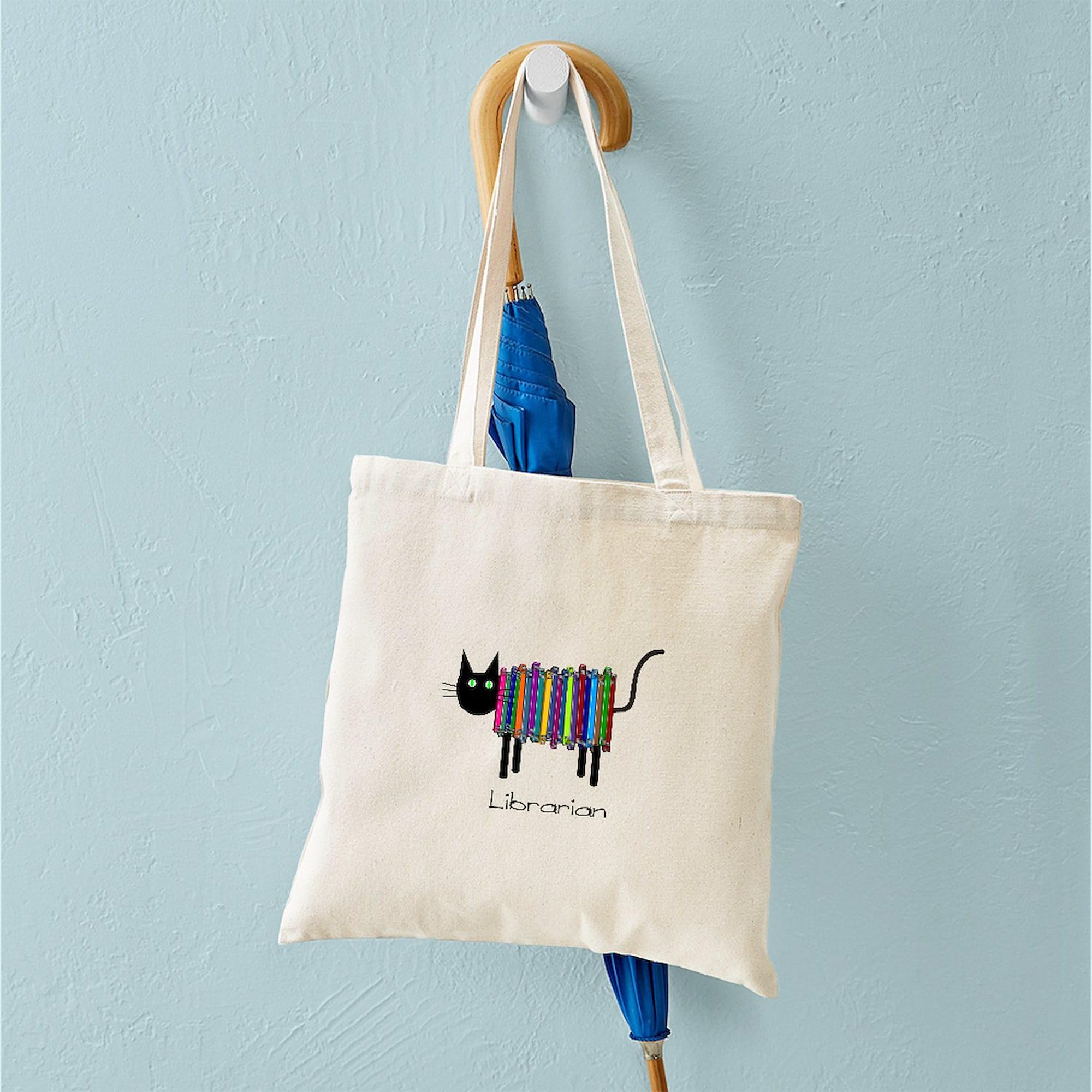 Librarian Book Cat Tote Bag - Natural Canvas Reusable Shopping Bag for Book Lovers, Library Visits & Grocery Trips