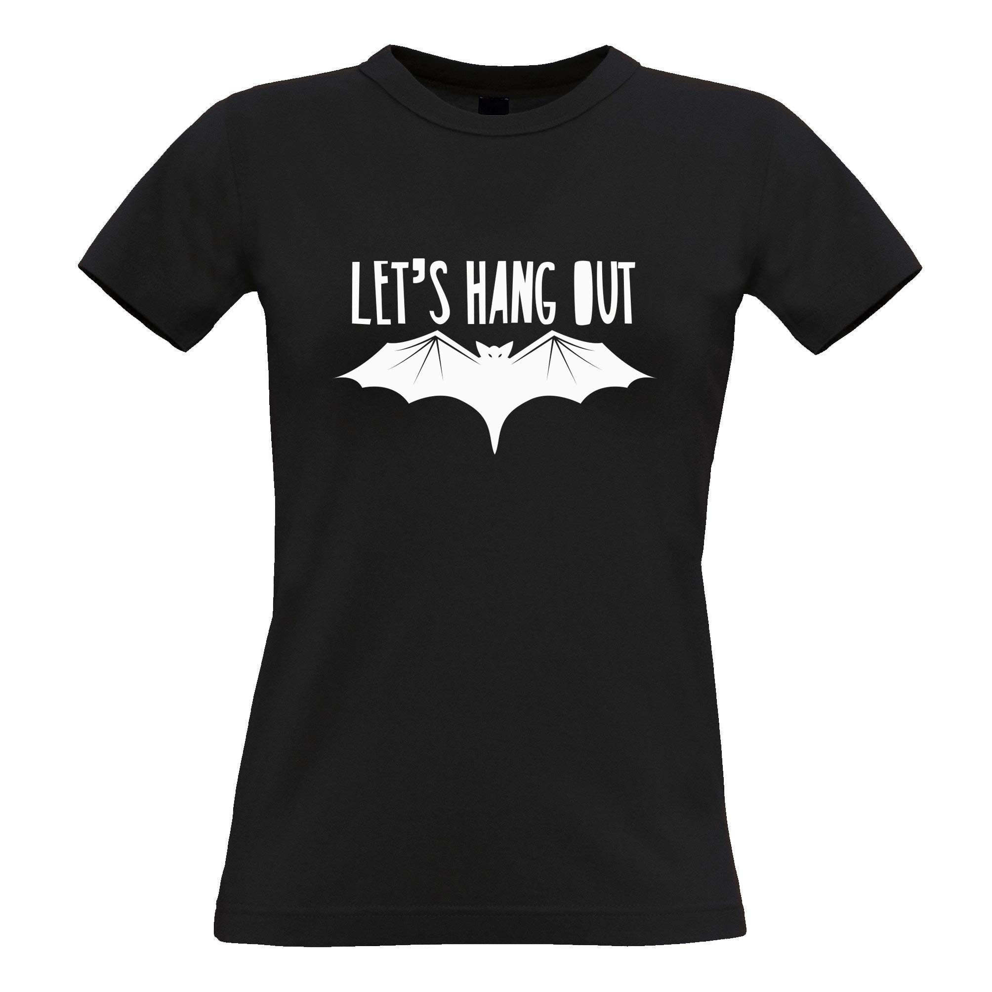 Funny Halloween Women's T-Shirt - Let's Hang Out Bat Slogan Graphic Tee | Cute & Spooky Outfit for Halloween Parties, Costume Events & Casual Wear