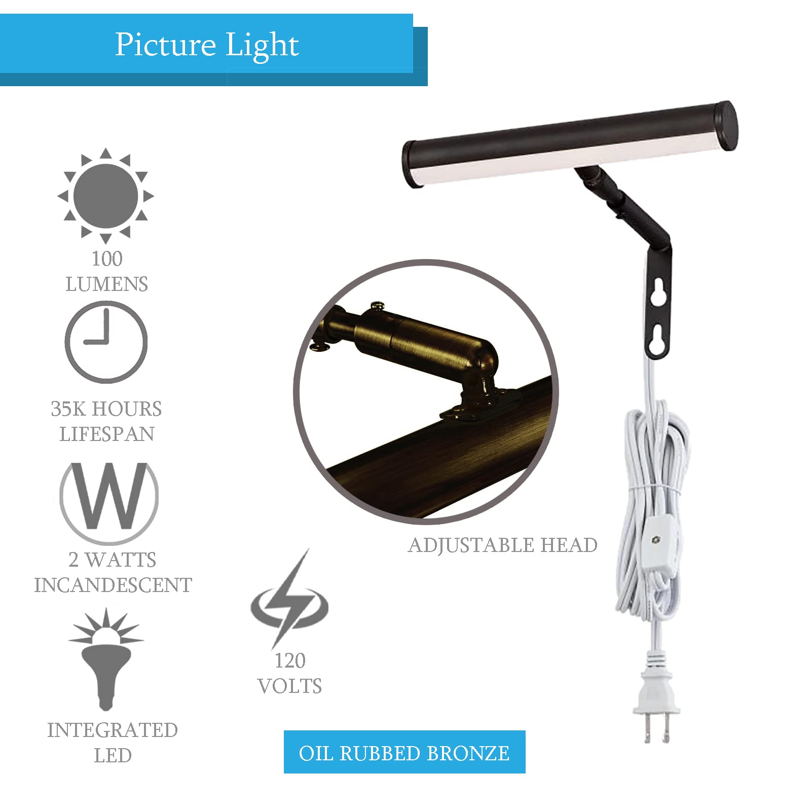 Ciata 7-Inch LED Picture Light for Wall Art - 3000K Warm White, 2W Adjustable Metal Frame Light with In-Line On/Off Switch, CRI-90, Oil Rubbed Bronze - Perfect for Gallery Walls, Museums & Home Decor Lighting