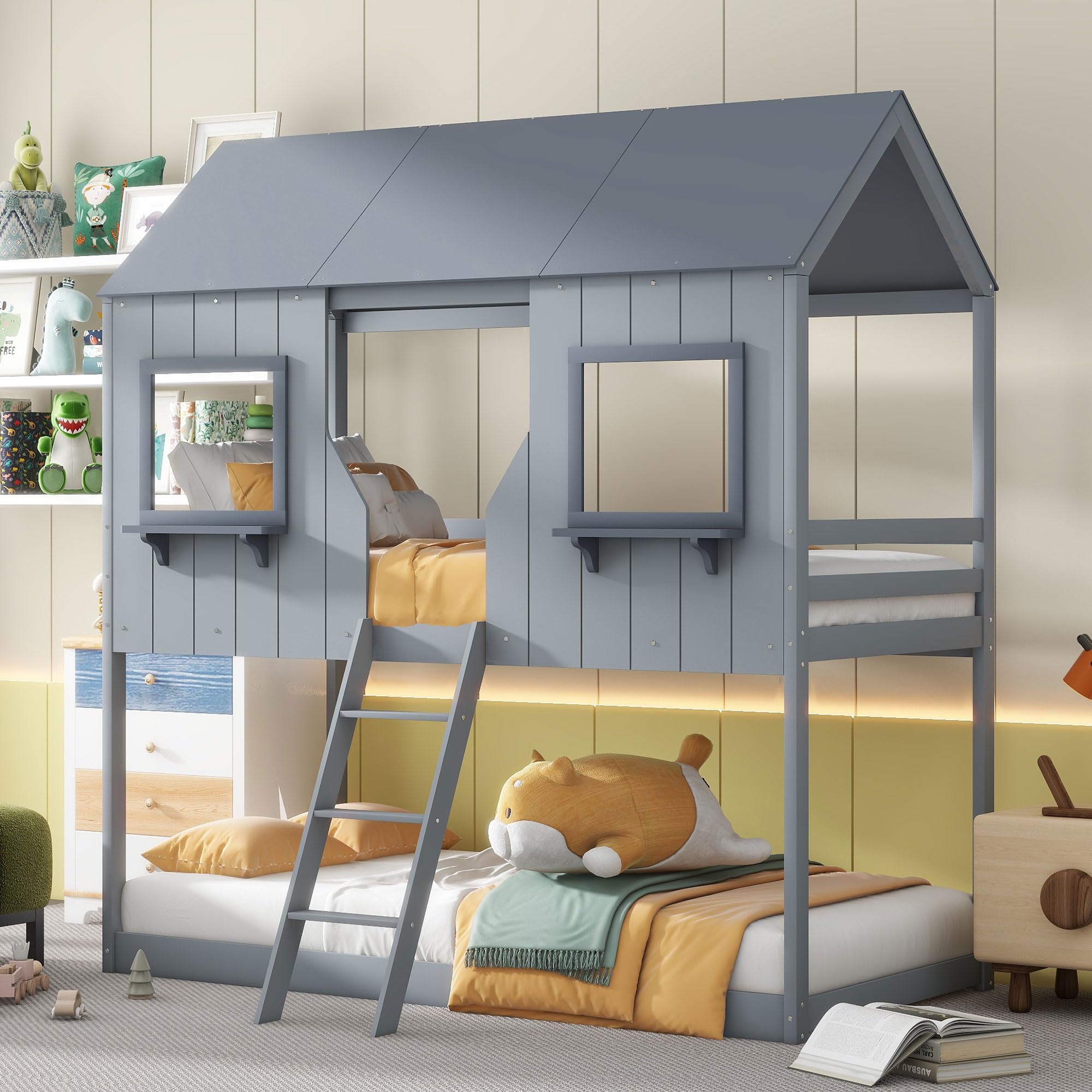 Polibi Twin-Over-Twin Wooden Bunk Bed with Playhouse Design - Farmhouse Style Kids Bunk Bed with Ladder & Safety Guardrails - Space-Saving Grey Bunk Bed for Kids' Bedroom, Playroom or Small Spaces