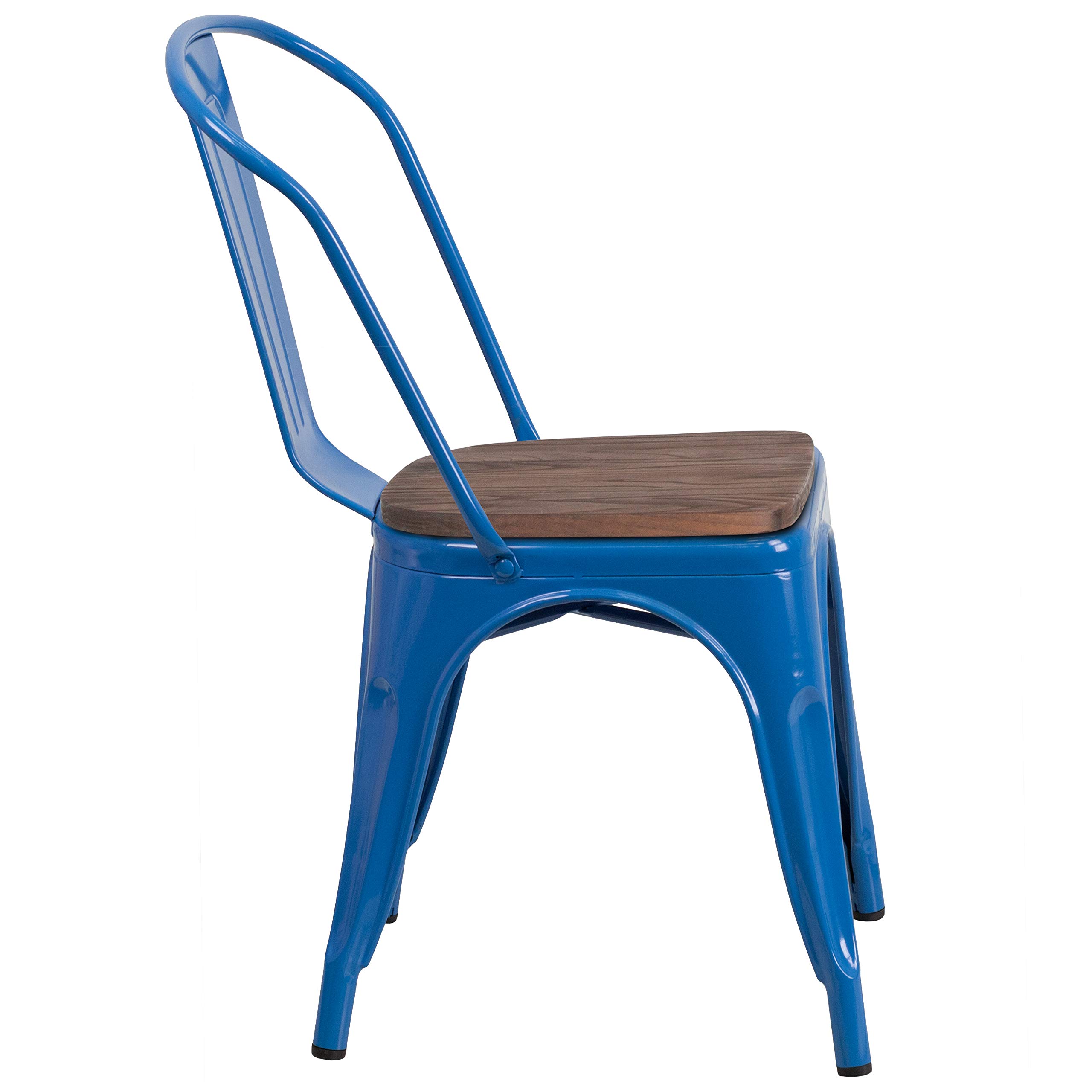 4 Pack Blue Metal Stackable Dining Chairs with Wood Seat - Heavy Duty Restaurant Chairs & Bistro Chairs for Indoor/Outdoor Use - Perfect for Cafes, Patios, Kitchens and Events