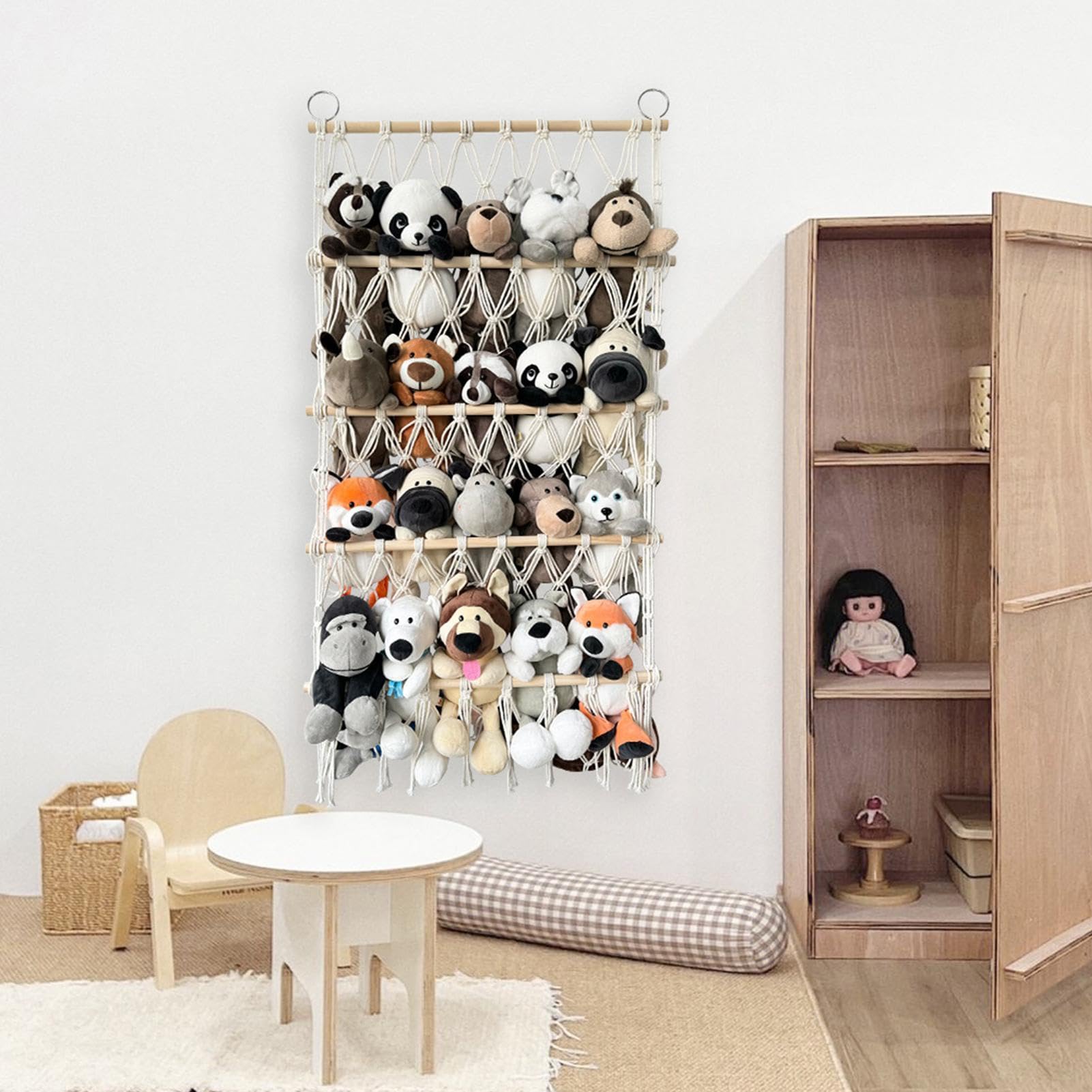 4-Layer Bohemian Wall Mounted Stuffed Animal Organizer - Adjustable Macrame Plush Toy Hammock for Nursery & Bedroom Decor | Perfect for Kids Room Storage and Boho Home Organization