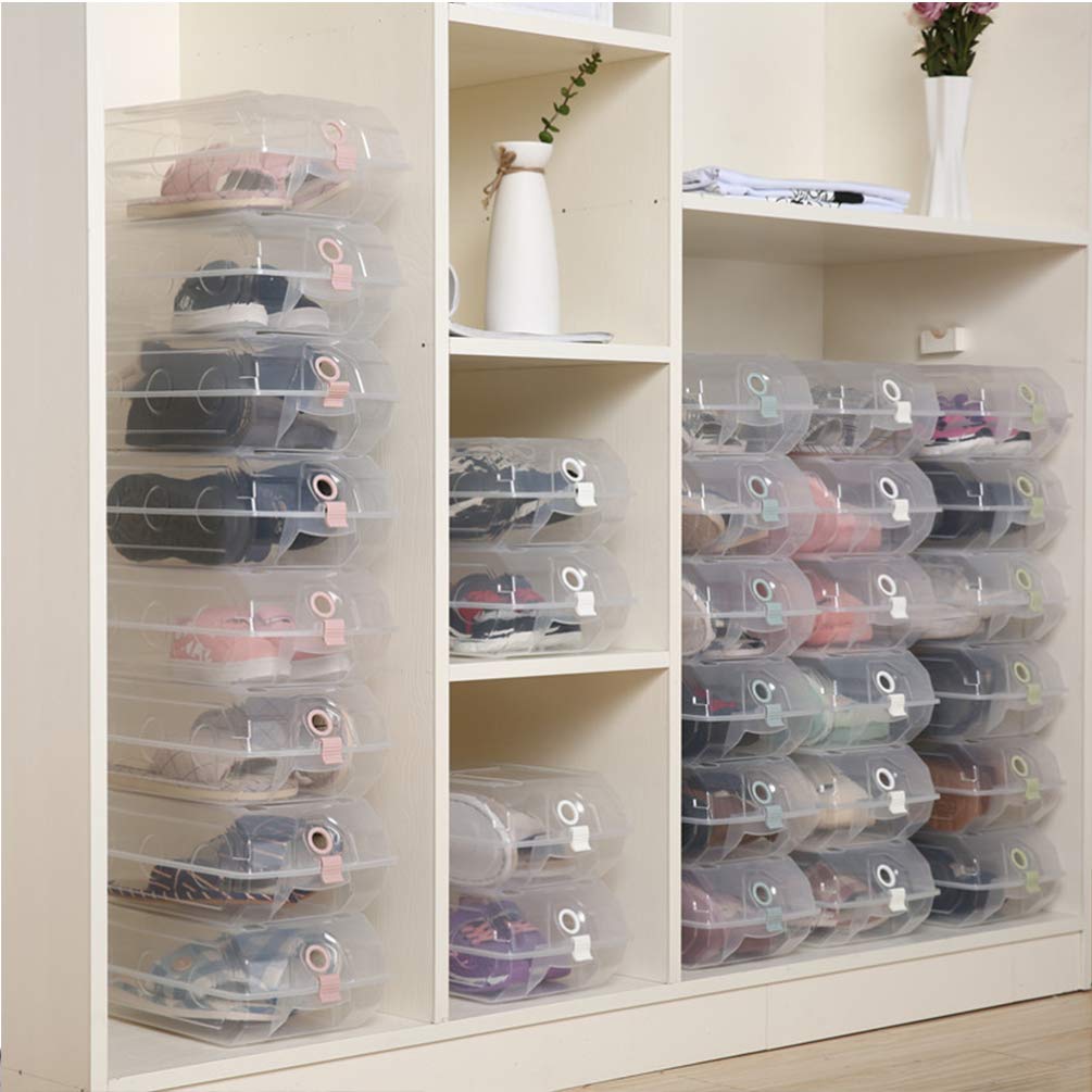 2-Pack Stackable Clear Shoe Storage Boxes with Lids - Large Plastic Organizer Bins for Closet, Entryway & Underbed Organization - White Clamshell Design for Shoes, Toys & Home Storage