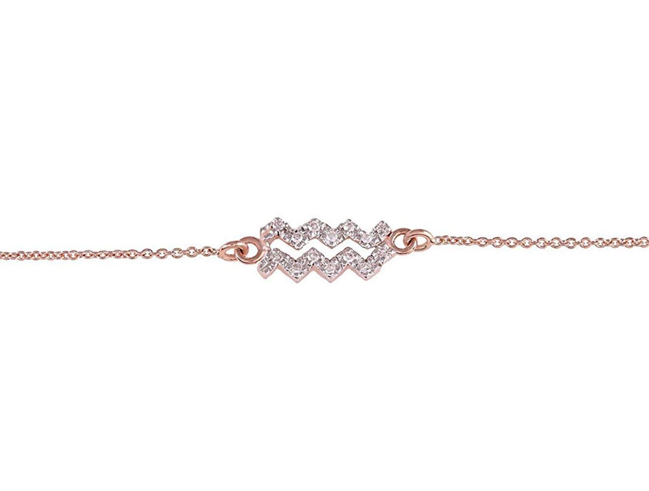 14K Solid Yellow & Rose Gold Aquarius Zodiac Charm Bracelet - Round Pave Set with White Diamonds for Women | Dainty Body Jewelry Gift for Birthday, Anniversary & Special Occasions