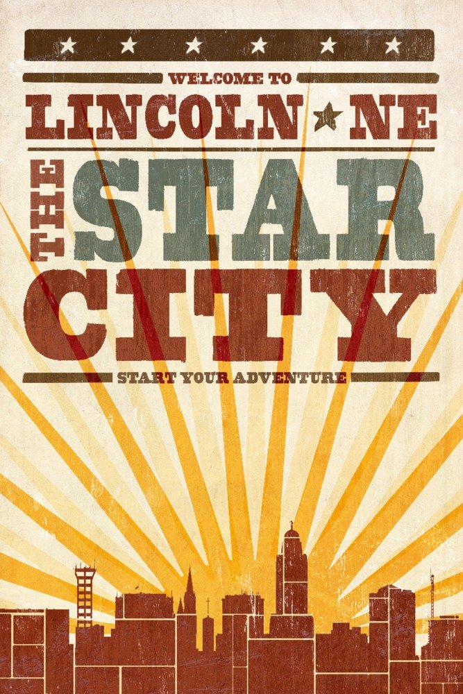 Lincoln Nebraska Skyline Sunburst Screenprint Art - 16x24 Wrapped Canvas Wall Decor for Living Room, Office & Bedroom