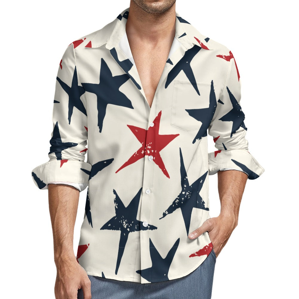 Stylish Blue and Red Stars Print Casual Long Sleeve Shirt with Chest Pocket | Comfortable Everyday Wear for Men & Women | Perfect for Streetwear, Outings, and Relaxing at Home