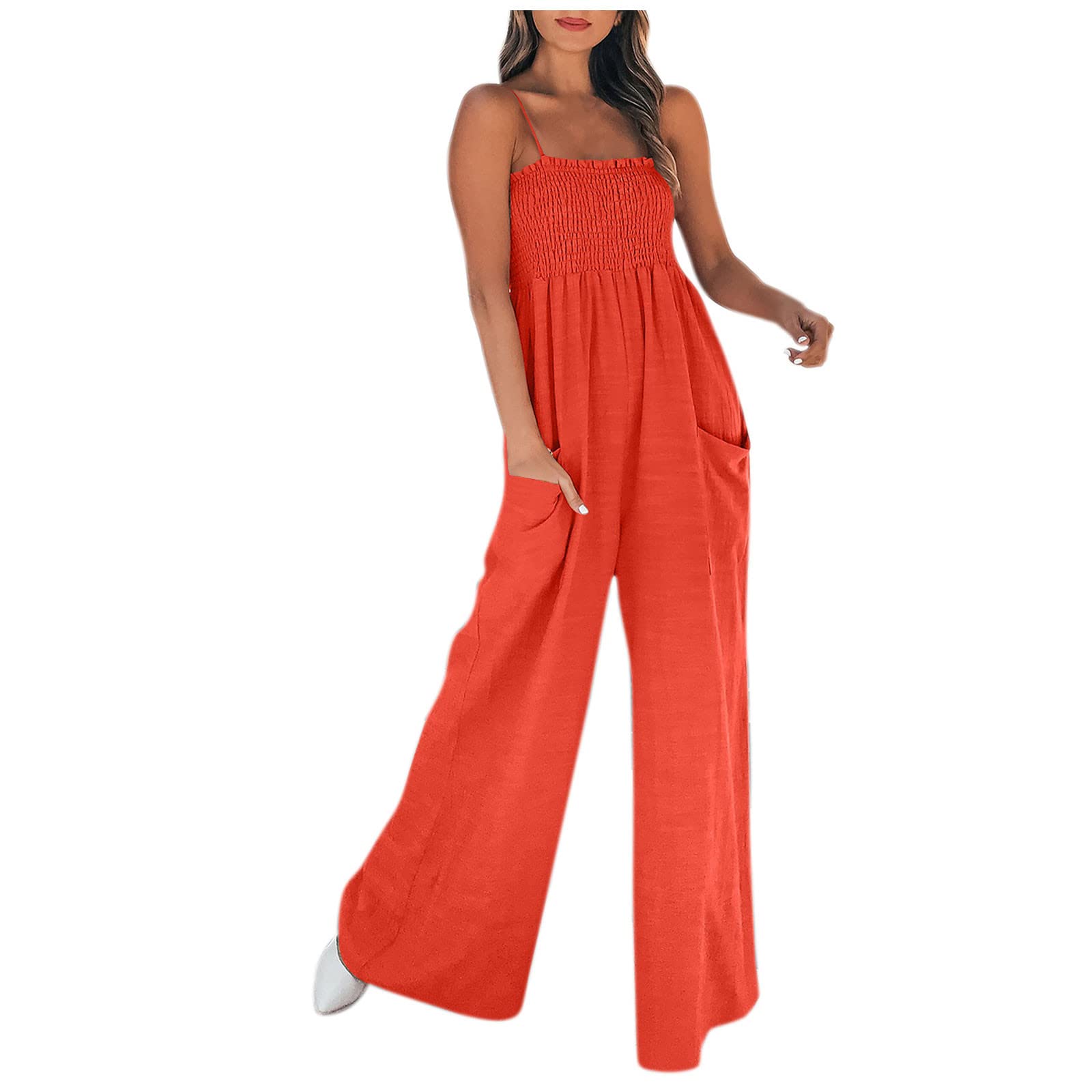 Women's Strap Maxi Jumpsuit - Frill Smocked High Waist Romper with Pockets | Baggy Long Wide Leg Jumpsuit for Casual Wear, Summer Outfits & Beach Vacations