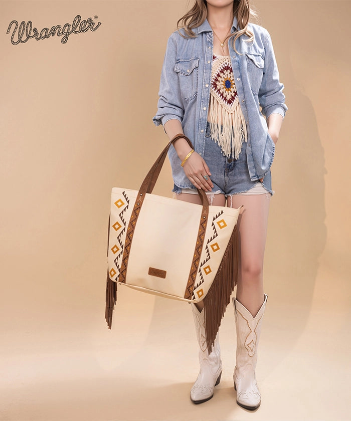 Wrangler Aztec Embroidered Fringe Wide Tote Bag for Women - Stylish Boho Shoulder Purse for Beach, Travel & Everyday Use