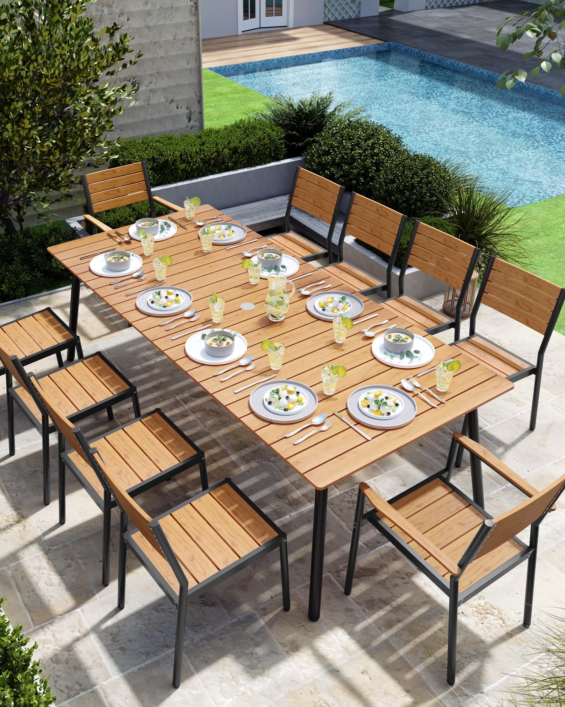 94.5 Inch Outdoor Patio Dining Table - Weather-Resistant Aluminum Frame & Wood-Like Tabletop - Rectangular Design with Umbrella Hole - Perfect for Backyard BBQs, Poolside Gatherings & Garden Parties (Brown, Table Only)